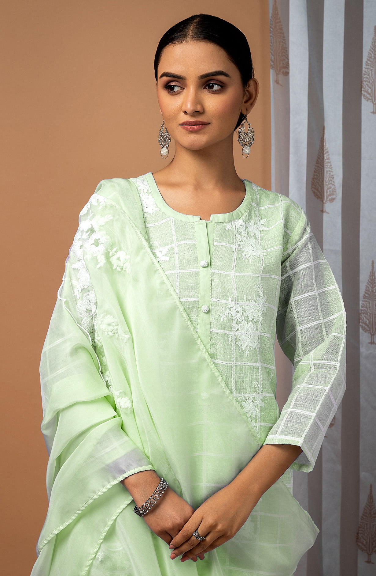Lime Green Linen Beautiful Embroidered Suit with Organza Dupatta - FAU1886C