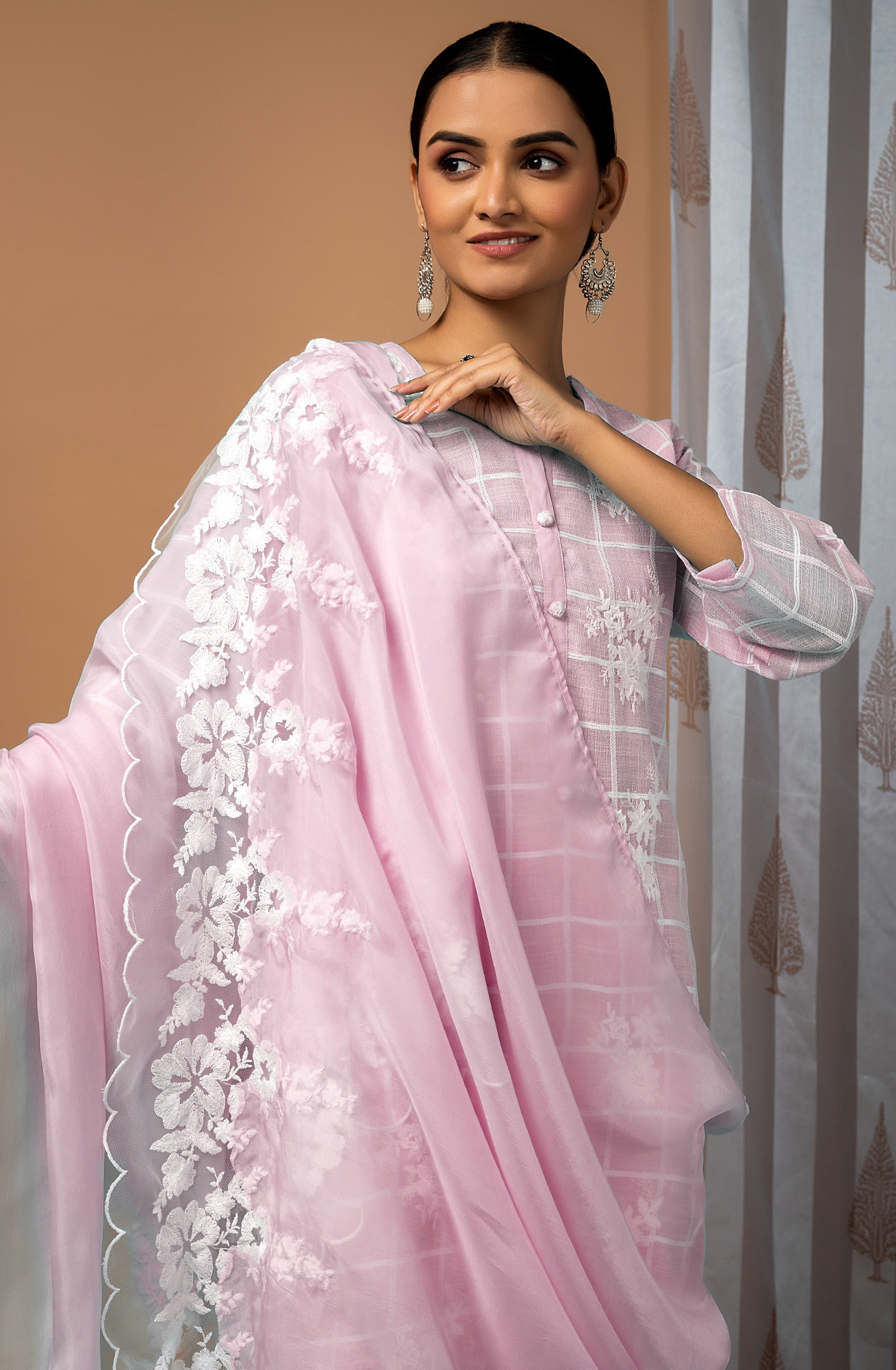 Baby Pink Linen Beautiful Embroidered Suit with Organza Dupatta - FAU1886D