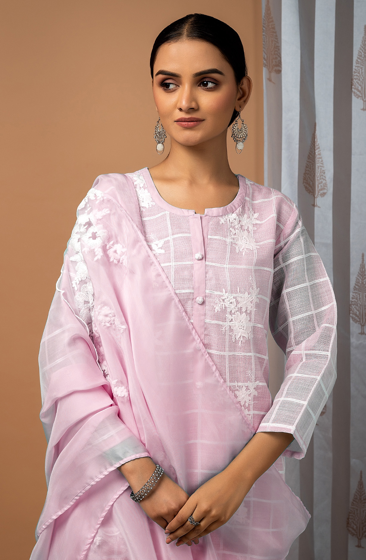 Baby Pink Linen Beautiful Embroidered Suit with Organza Dupatta - FAU1886D