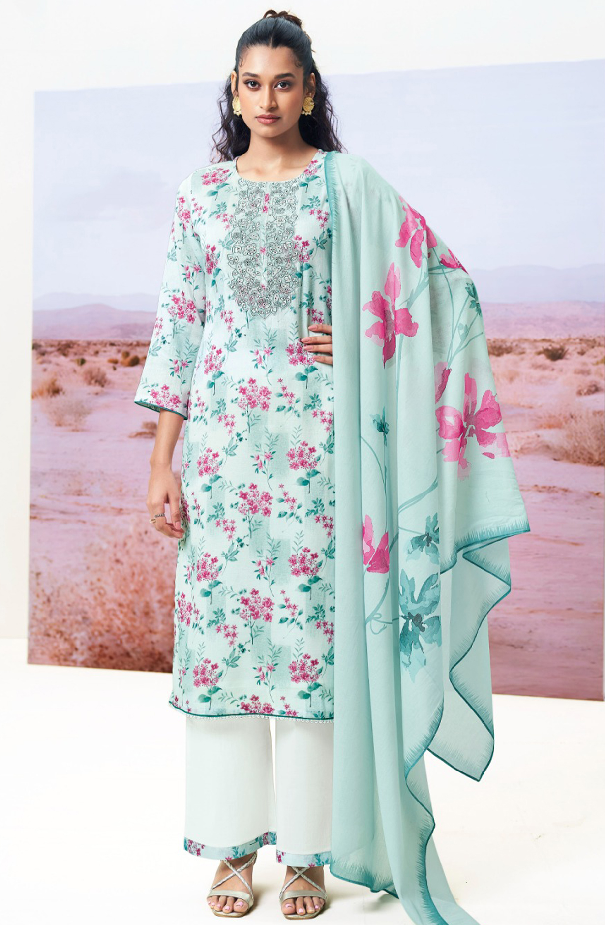 Firozi Printed Cotton Embroidered Suit with Dupatta - FAZS3491A