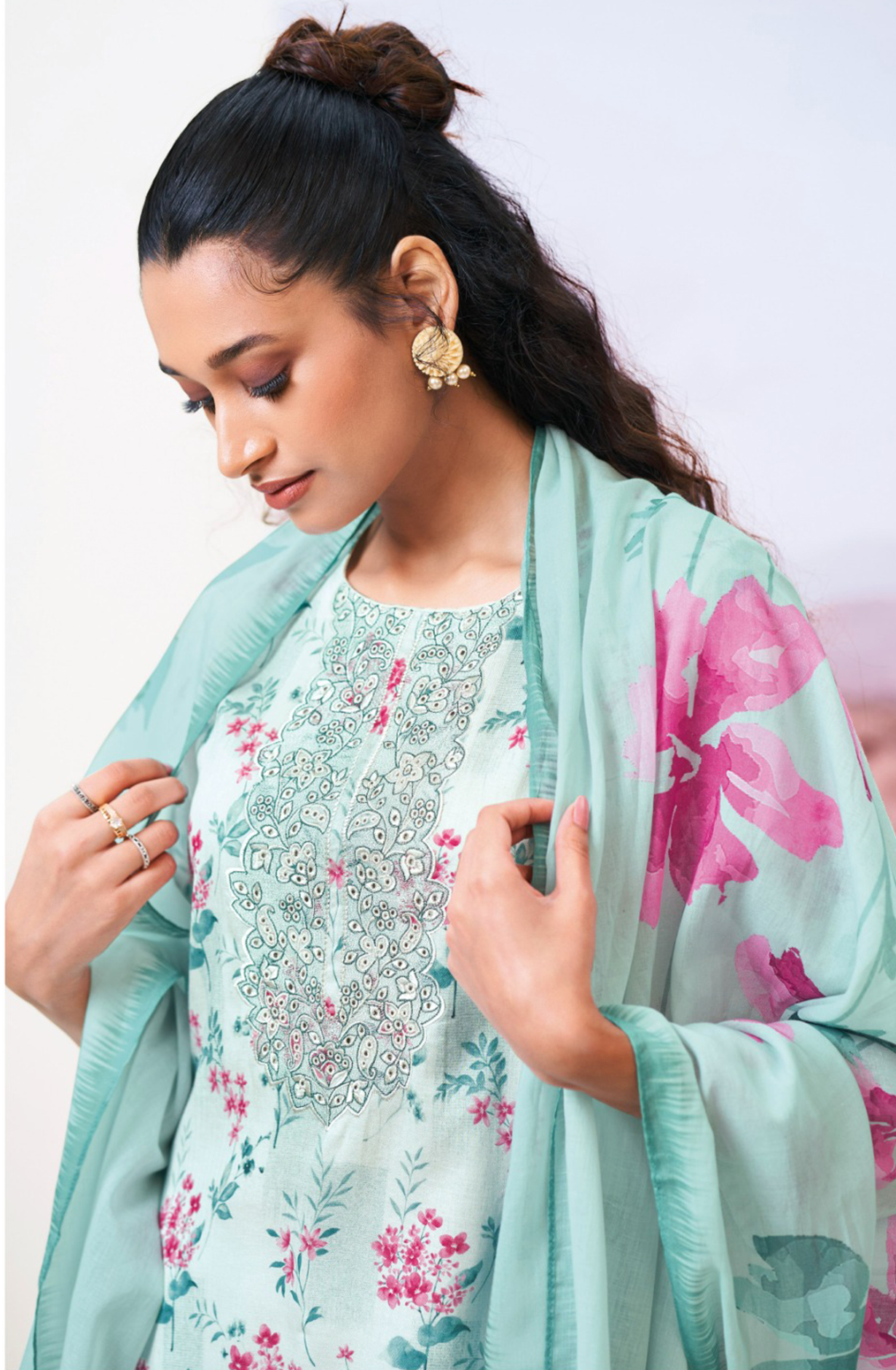 Firozi Printed Cotton Embroidered Suit with Dupatta - FAZS3491A