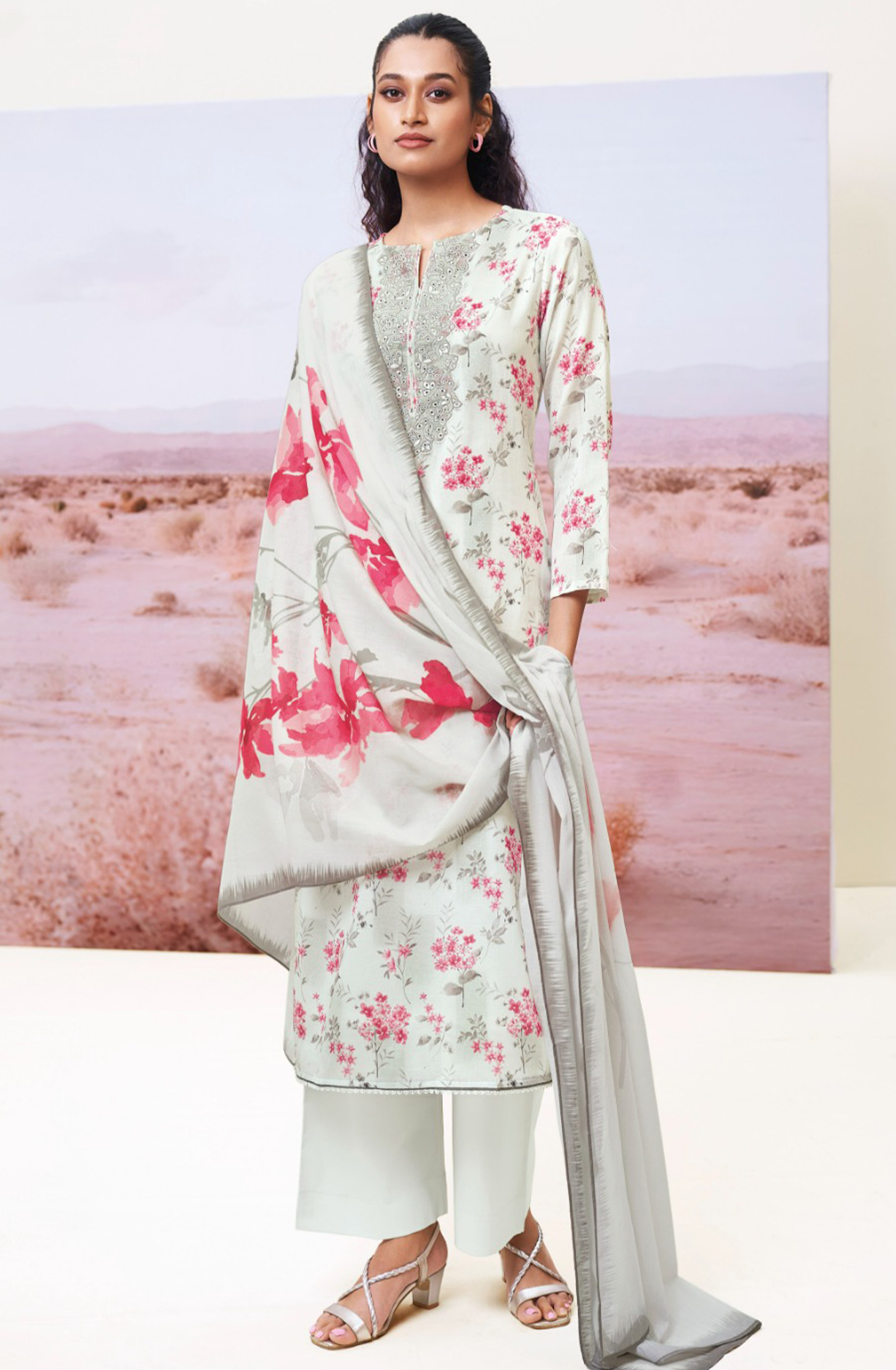 Grey Printed Cotton Embroidered Suit with Dupatta - FAZS3491B