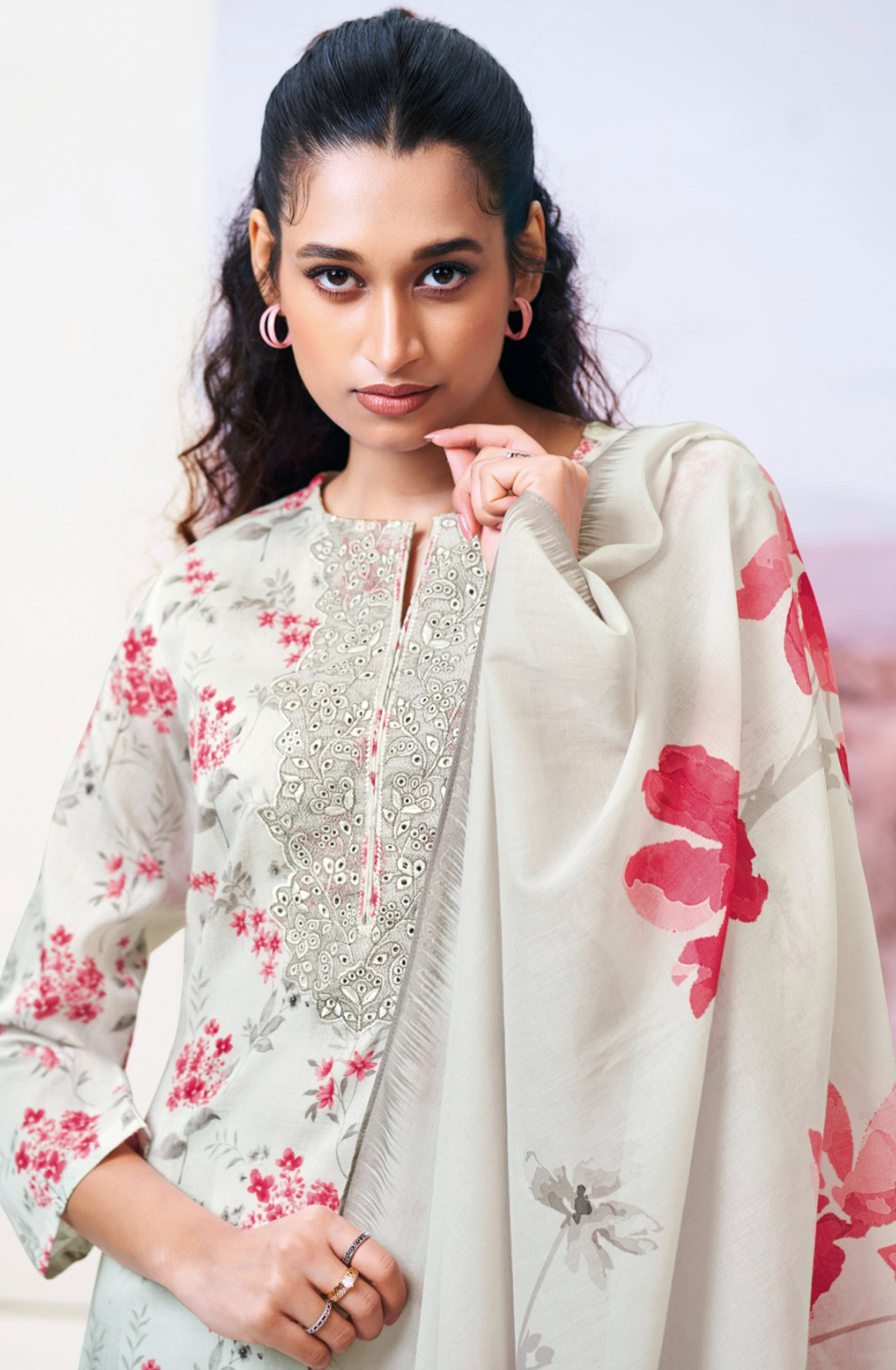 Grey Printed Cotton Embroidered Suit with Dupatta - FAZS3491B