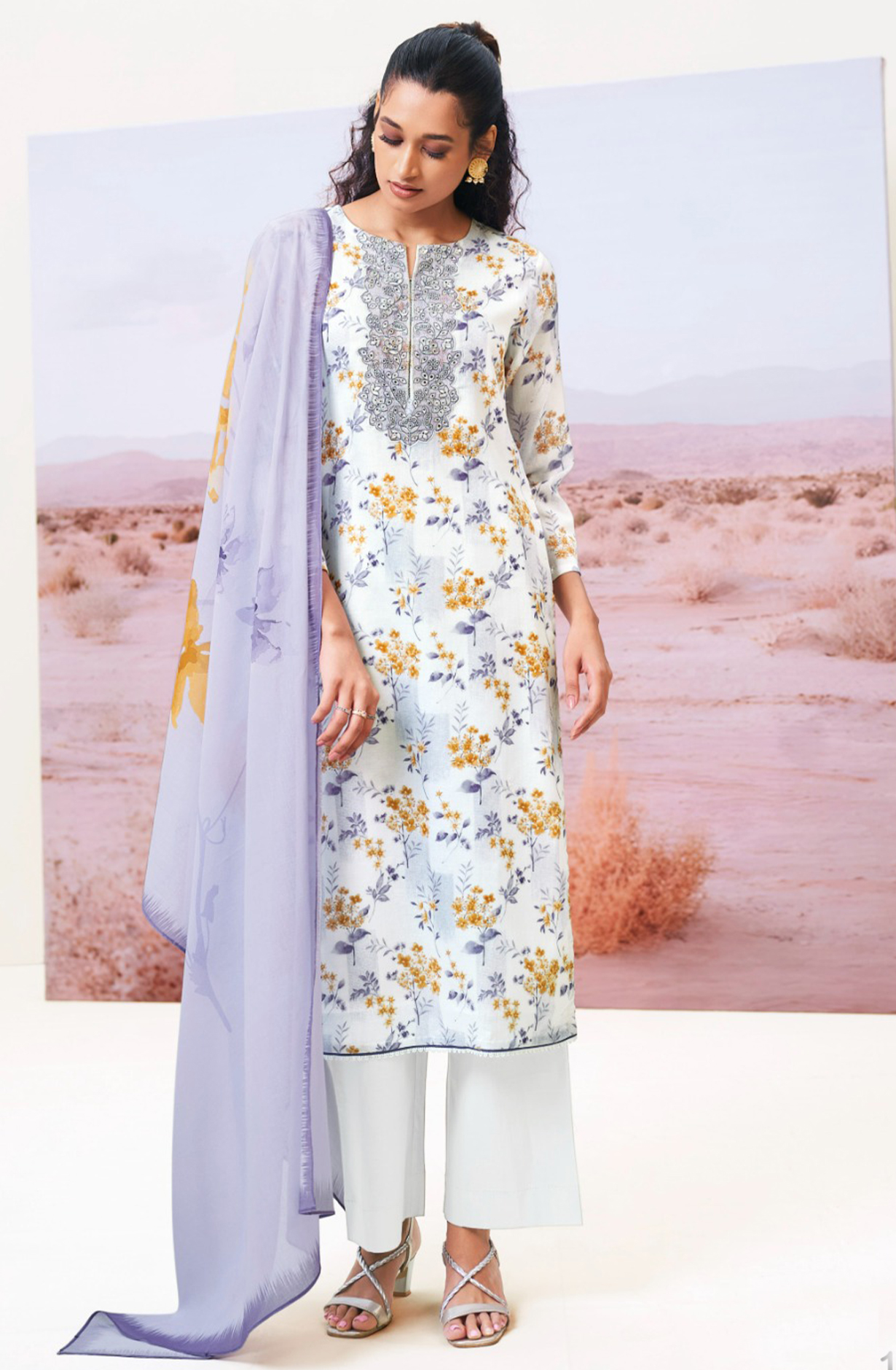 Lavender Printed Cotton Embroidered Suit with Dupatta - FAZS3491C