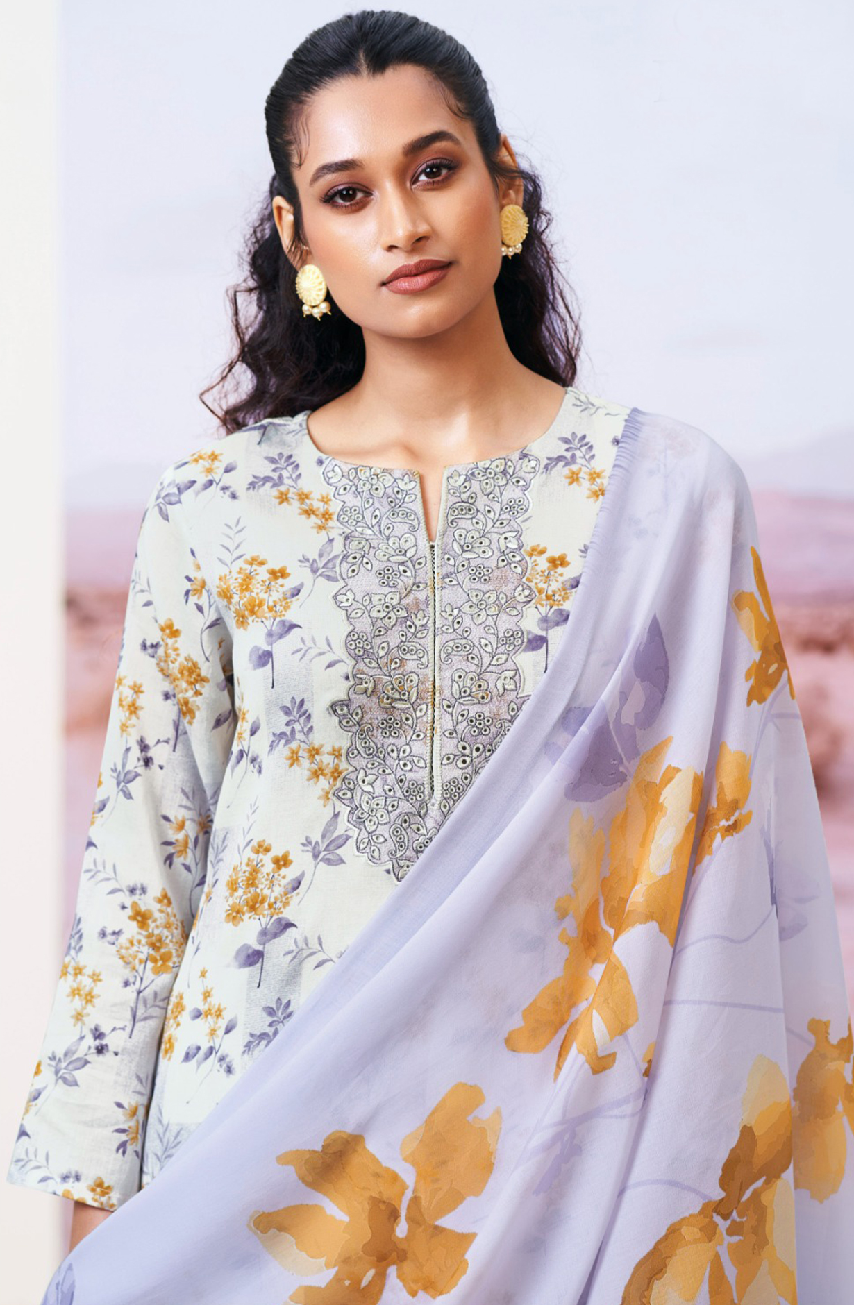 Lavender Printed Cotton Embroidered Suit with Dupatta - FAZS3491C