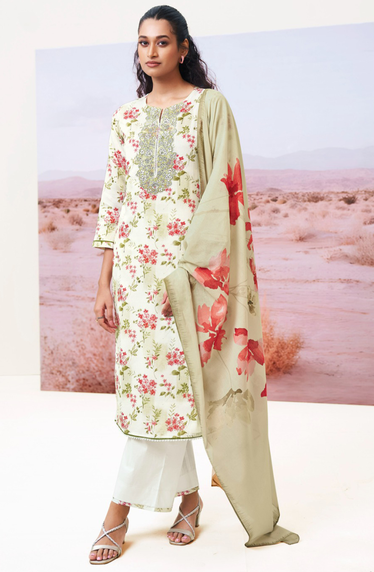 Mehndi Green Printed Cotton Embroidered Suit with Dupatta - FAZS3491D