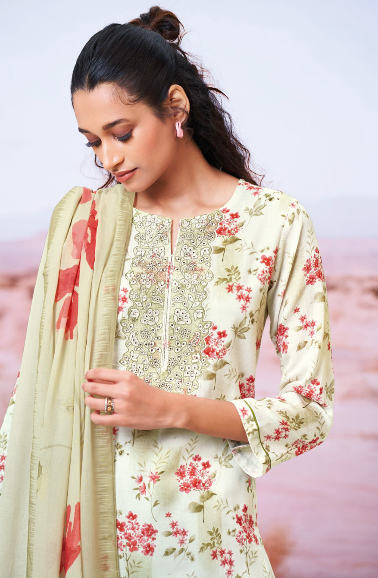 Mehndi Green Printed Cotton Embroidered Suit with Dupatta - FAZS3491D