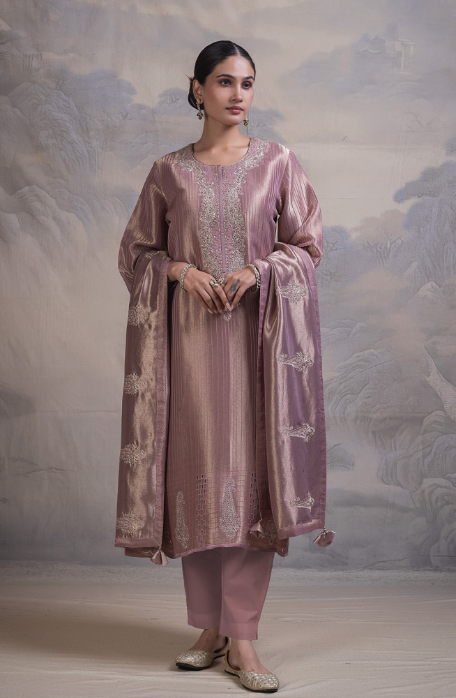 Image of Pink Ziraf silk jacquard Unstitched Suit with Beautiful  Dupatta- R157-SPR2769A