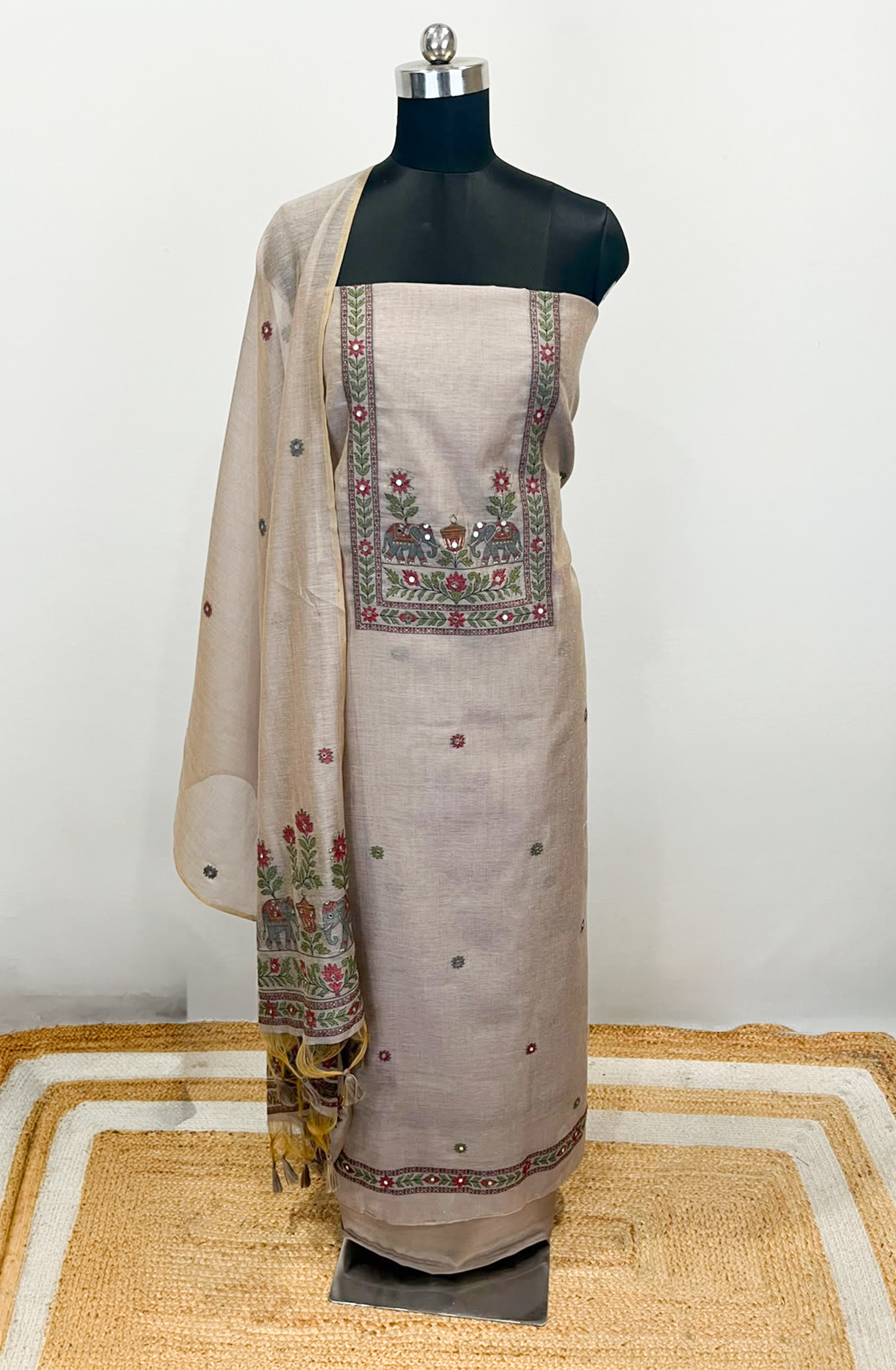 Grey Chanderi Unstitched Suit Set with Beautiful Dupatta - 986-VTA99C