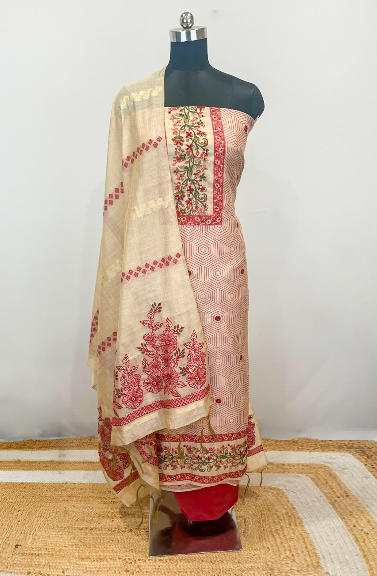Red Chanderi Unstitched Suit Set with Beautiful Dupatta - 985-KFS120C
