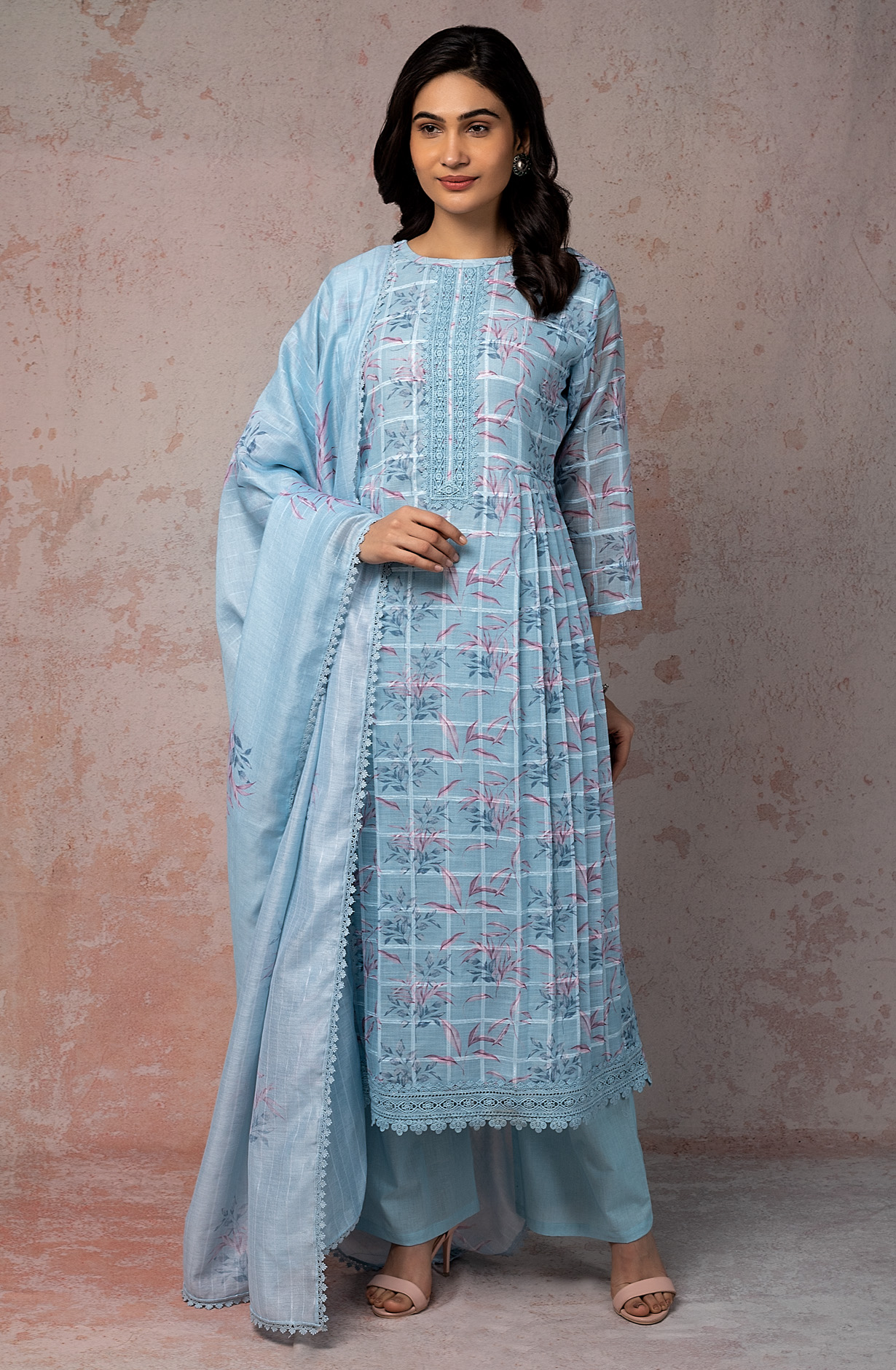 Pastel Blue Exclusive Linen Salwar Kameez Dupatta - FER1862