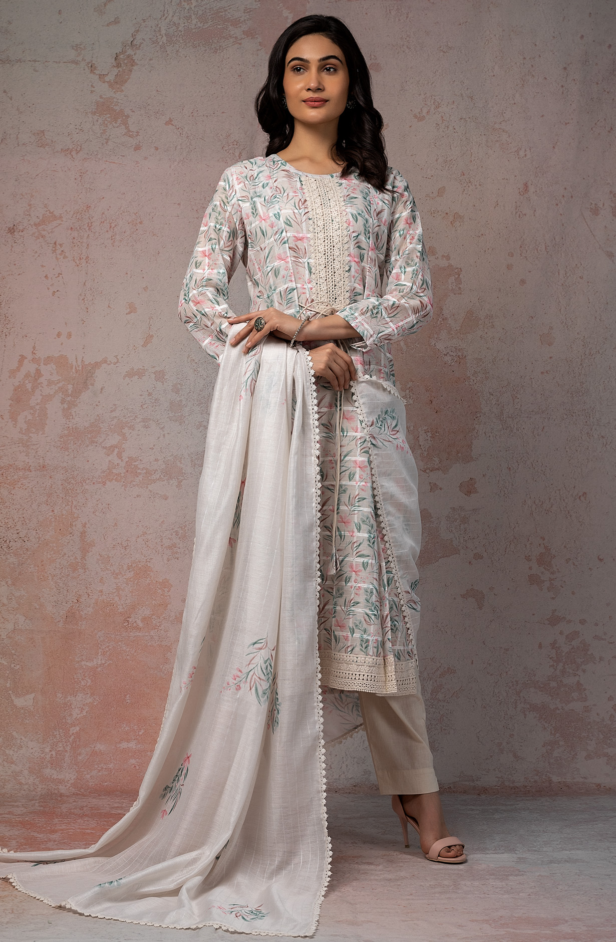 Cream Exclusive Linen Salwar Kameez Dupatta - FER1863