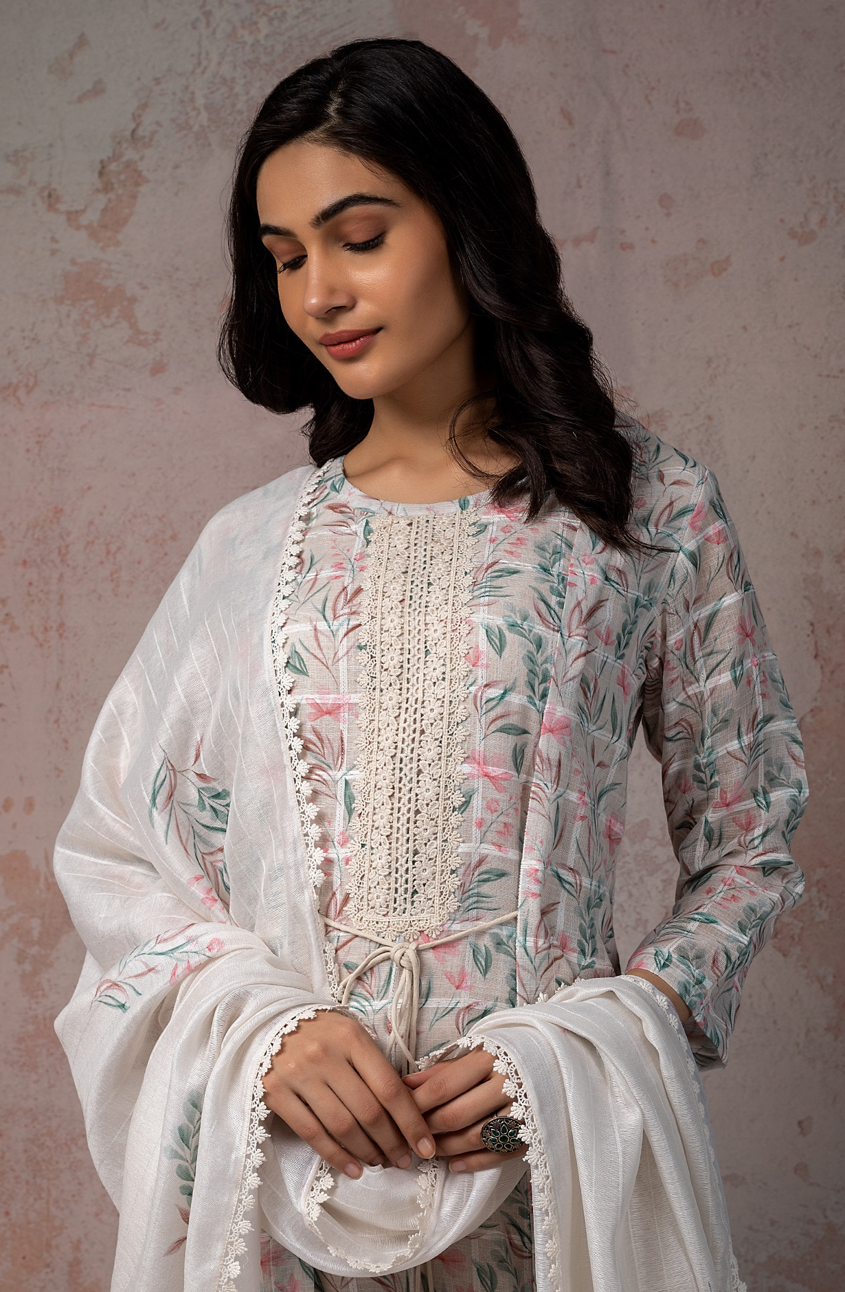 Cream Exclusive Linen Salwar Kameez Dupatta - FER1863