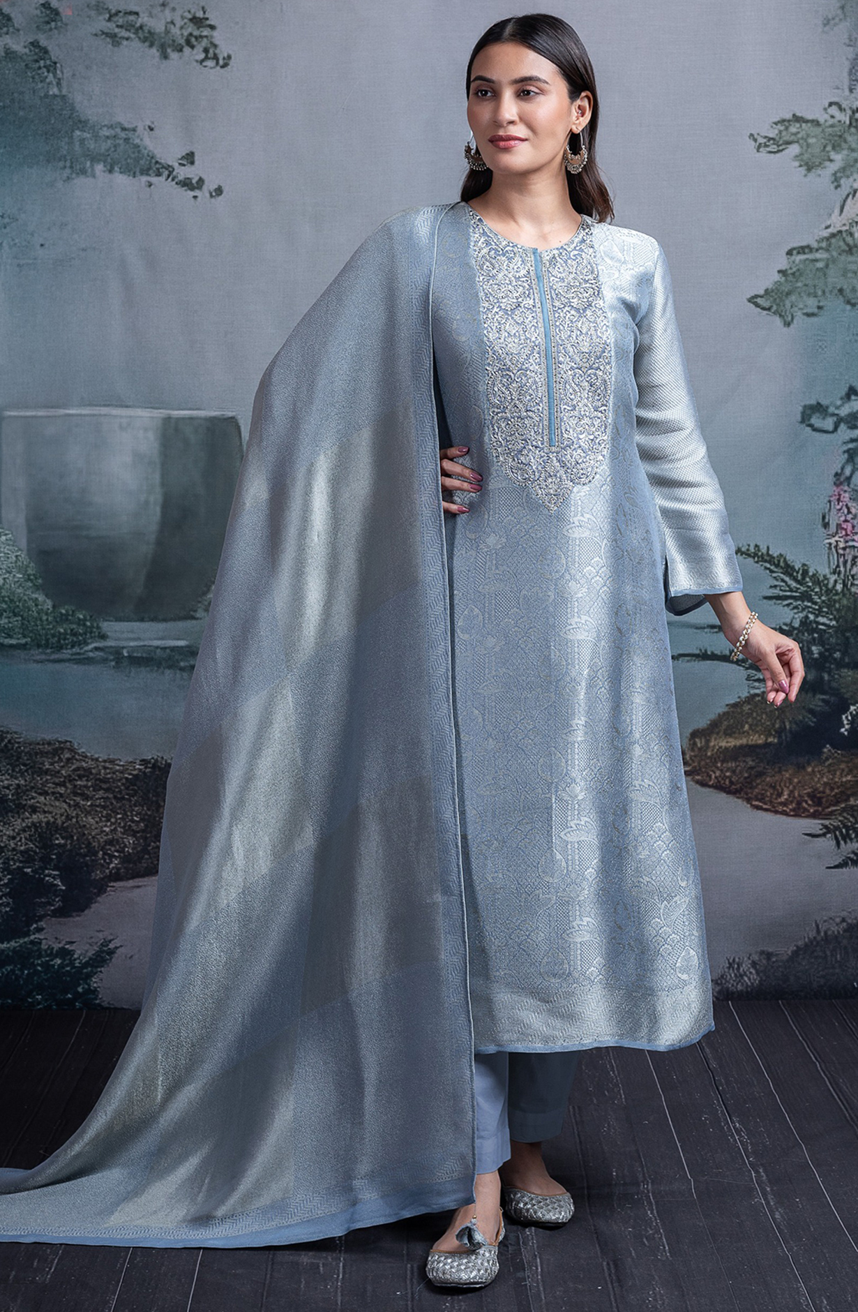 Blue Tissue Silk Jacquard Embroidered with Dupatta - R157-SPR2358B