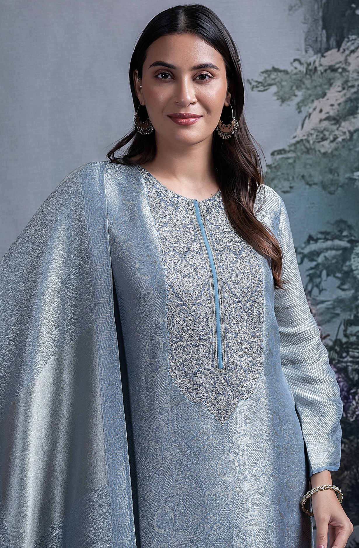Blue Tissue Silk Jacquard Embroidered with Dupatta - R157-SPR2358B
