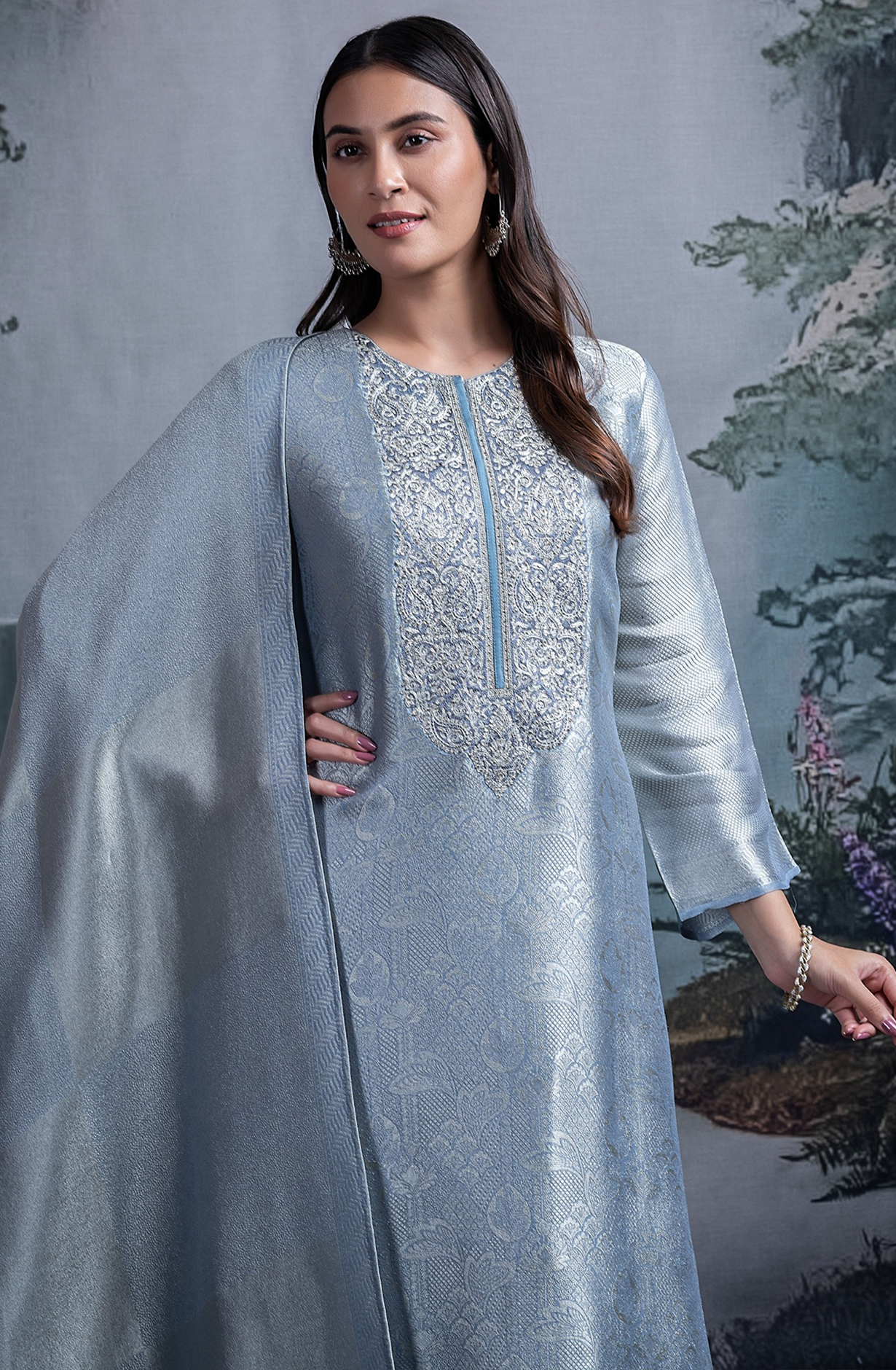 Blue Tissue Silk Jacquard Embroidered with Dupatta - R157-SPR2358B