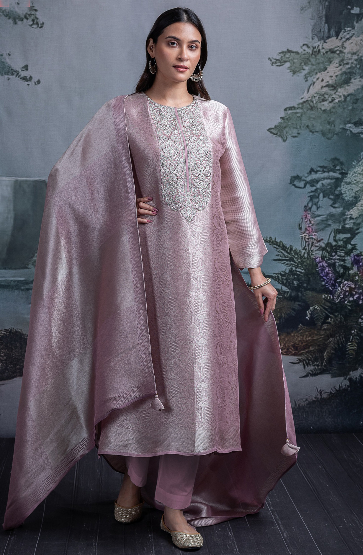 Pink Tissue Silk Jacquard Embroidered with Dupatta - R157-SPR2358A