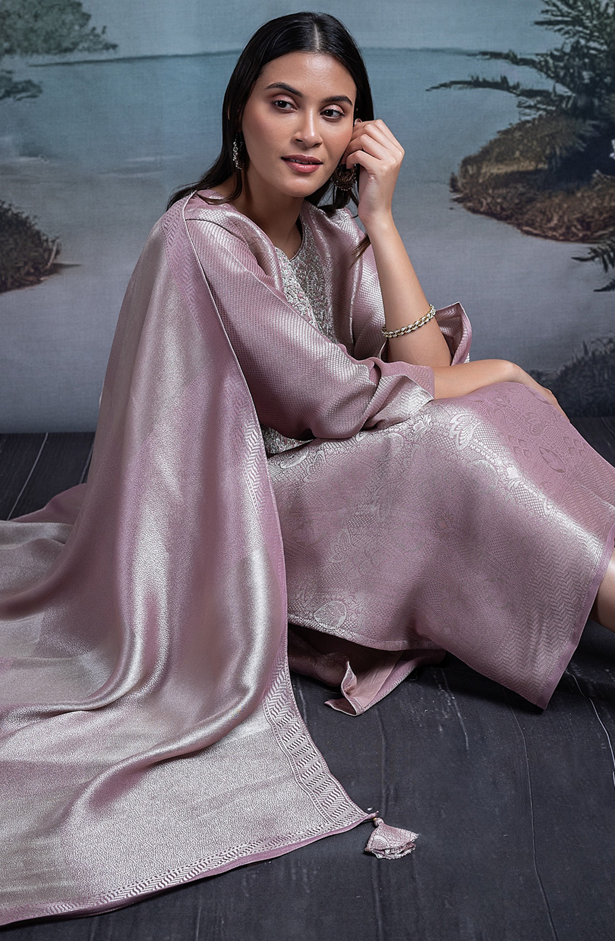 Pink Tissue Silk Jacquard Embroidered with Dupatta - R157-SPR2358A