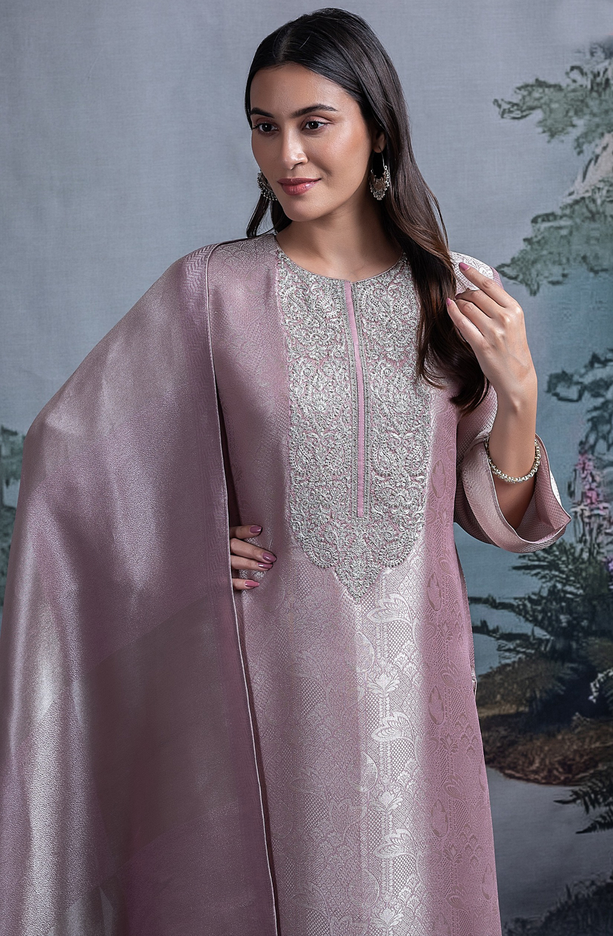 Pink Tissue Silk Jacquard Embroidered with Dupatta - R157-SPR2358A