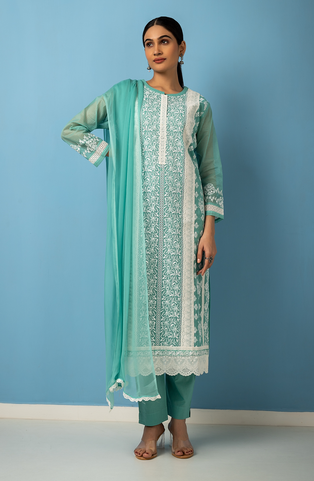 Firozi Kota Exclusive Chikankari Embroidered Suit with Chiffon Dupatta - FEY1924B