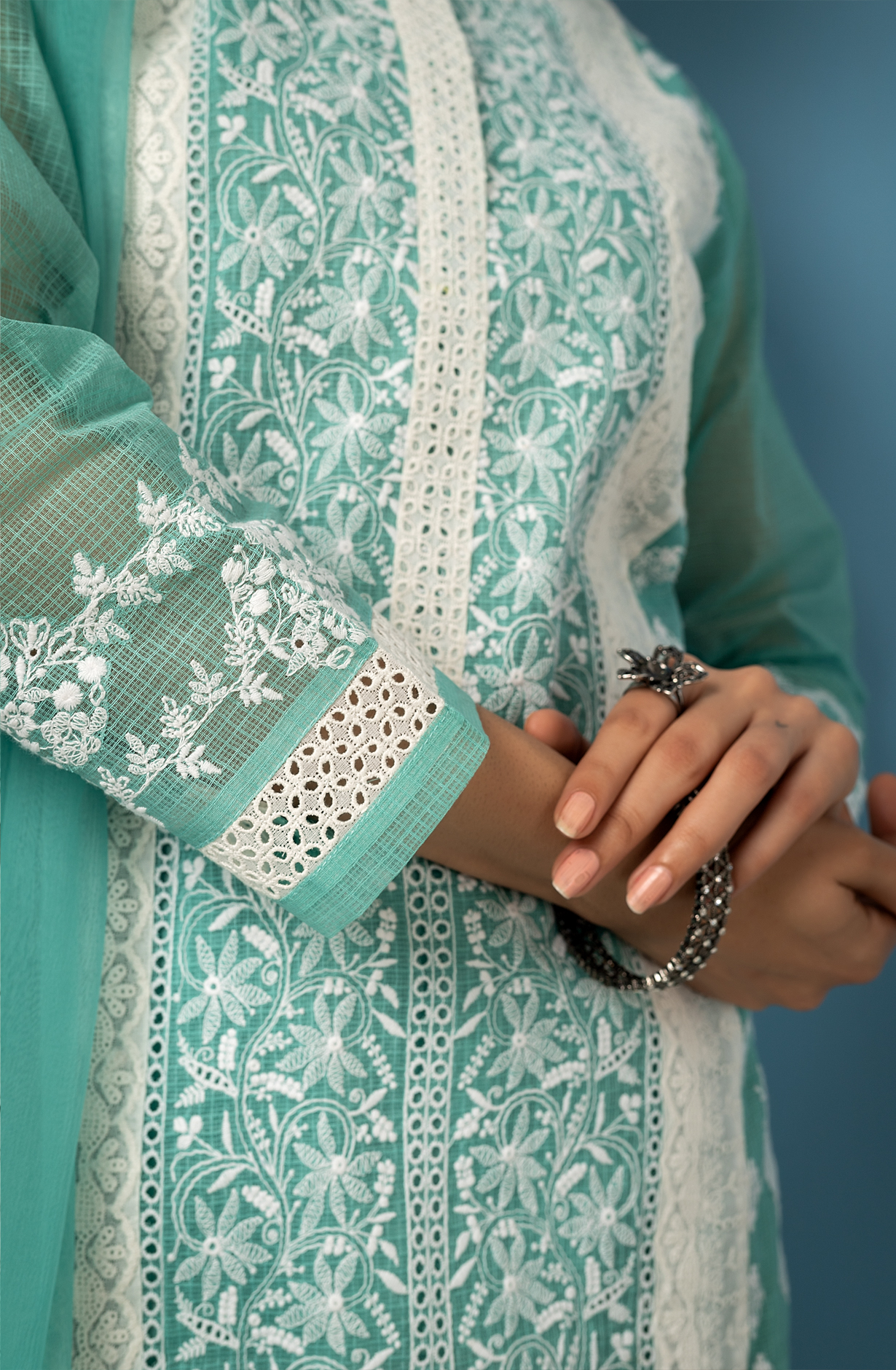 Firozi Kota Exclusive Chikankari Embroidered Suit with Chiffon Dupatta - FEY1924B