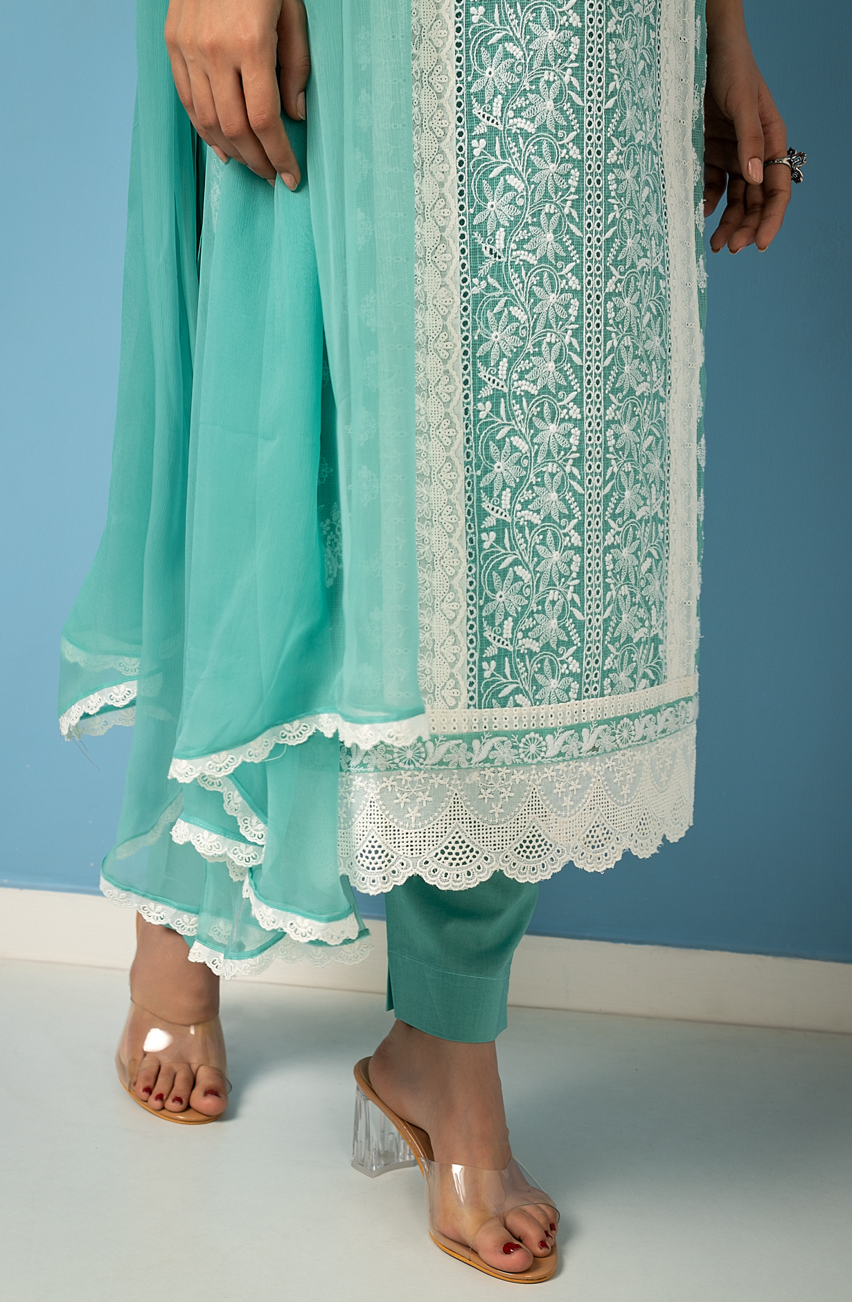 Firozi Kota Exclusive Chikankari Embroidered Suit with Chiffon Dupatta - FEY1924B