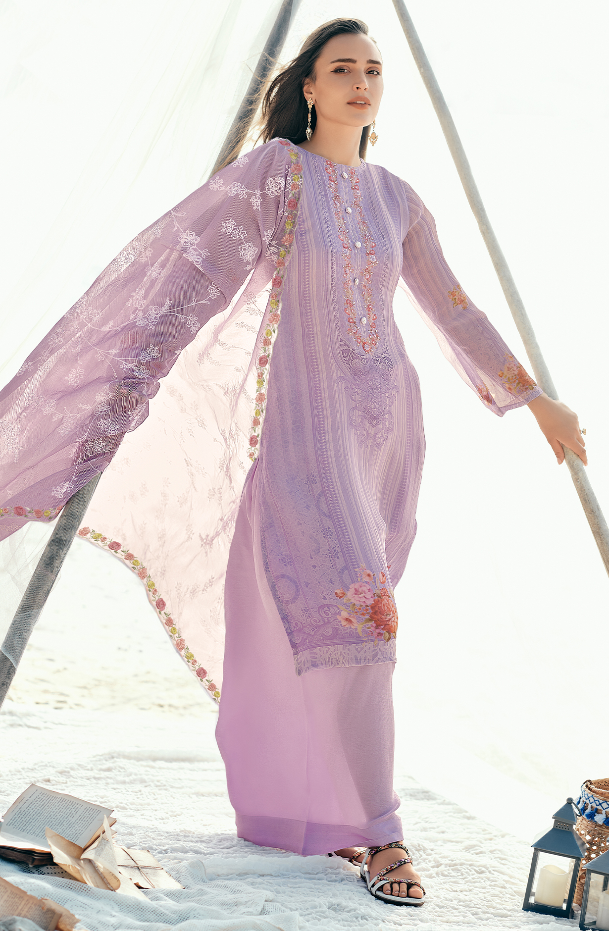 Lavender Pure Cotton Beautiful Digital Printed Handwork Unstitched Suit with Trendy Dupatta - FIE02