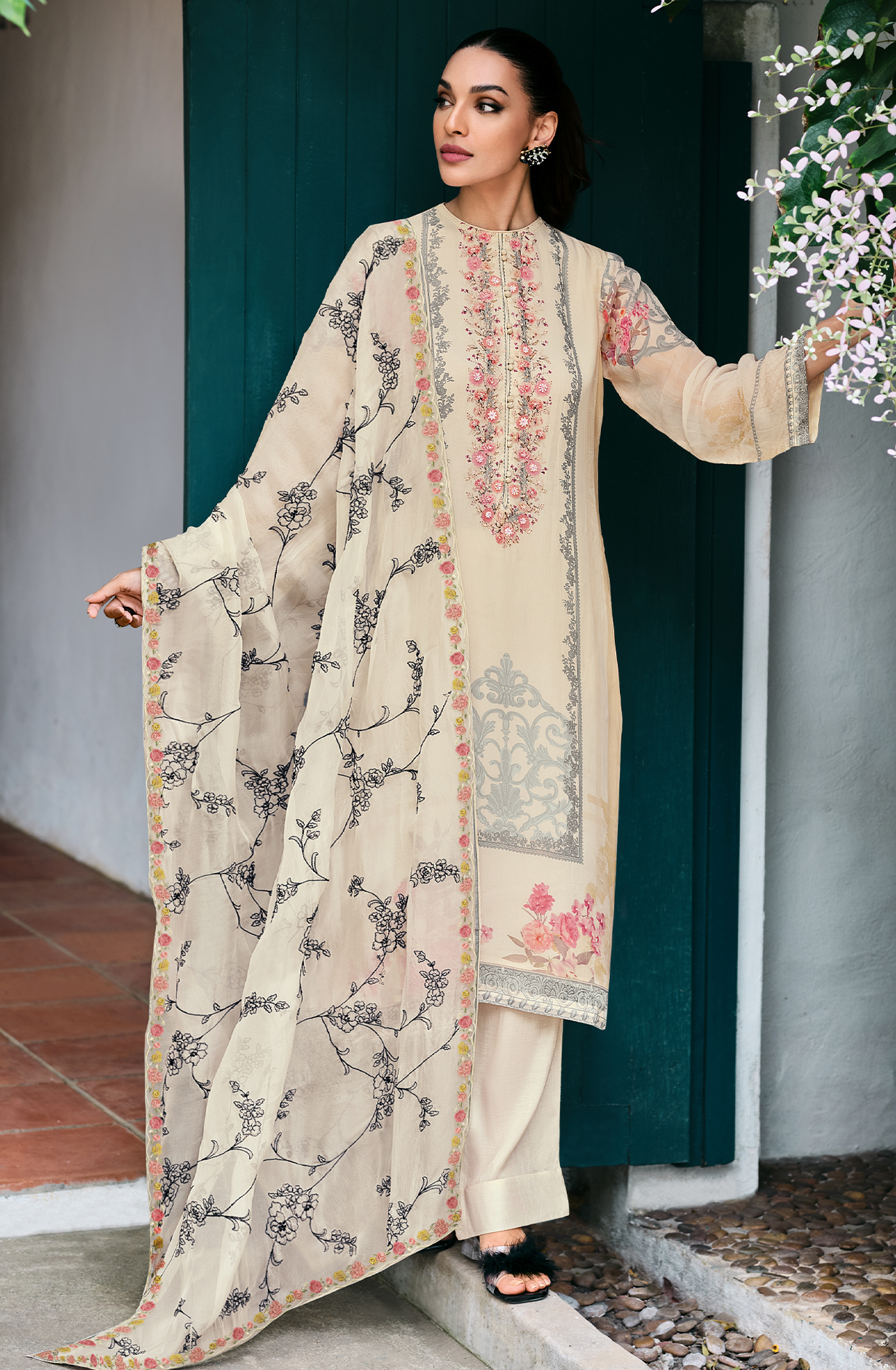 Cream Pure Cotton Beautiful Digital Printed Handwork Unstitched Suit with Trendy Dupatta - FIE04