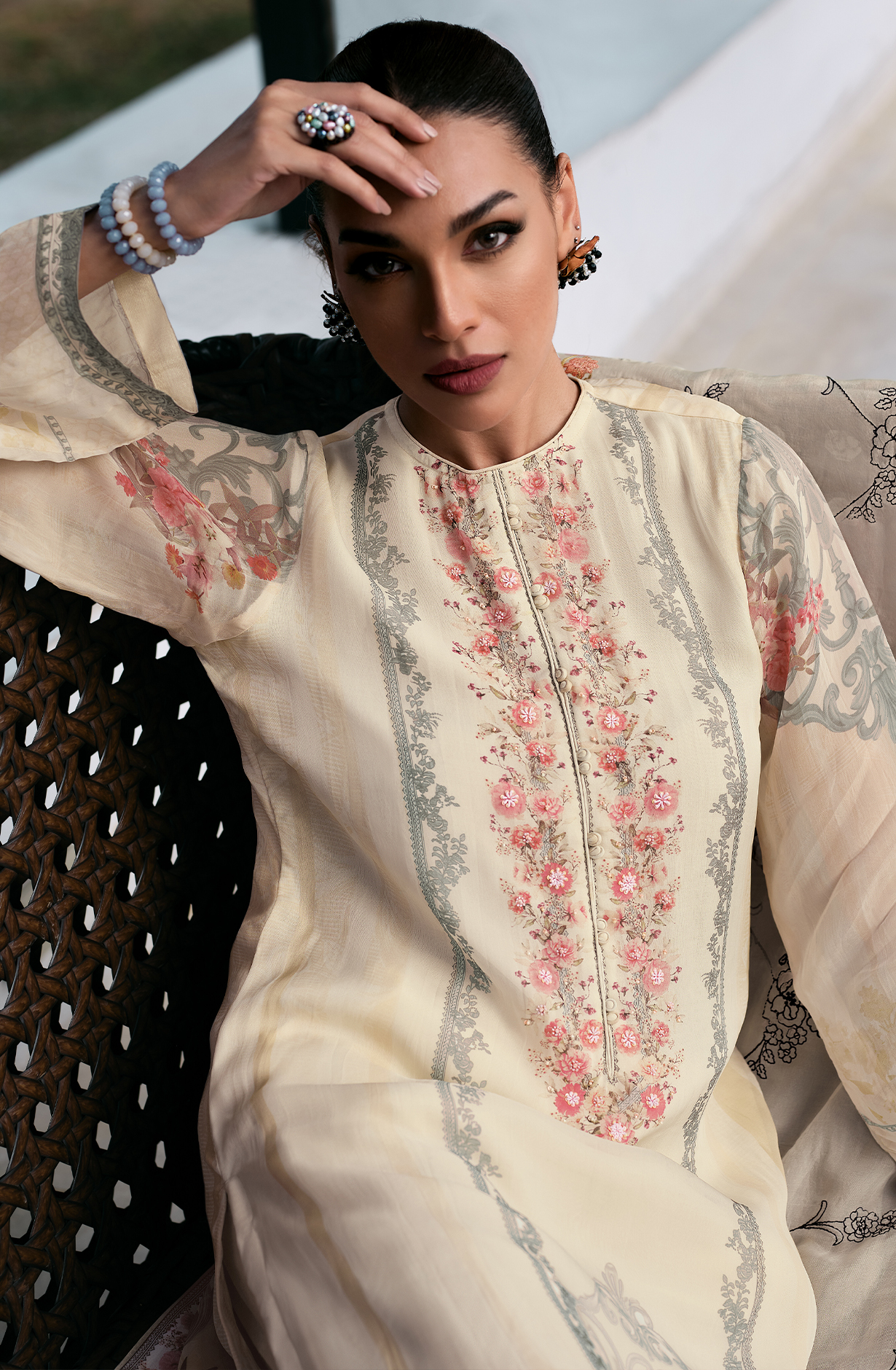Cream Pure Cotton Beautiful Digital Printed Handwork Unstitched Suit with Trendy Dupatta - FIE04