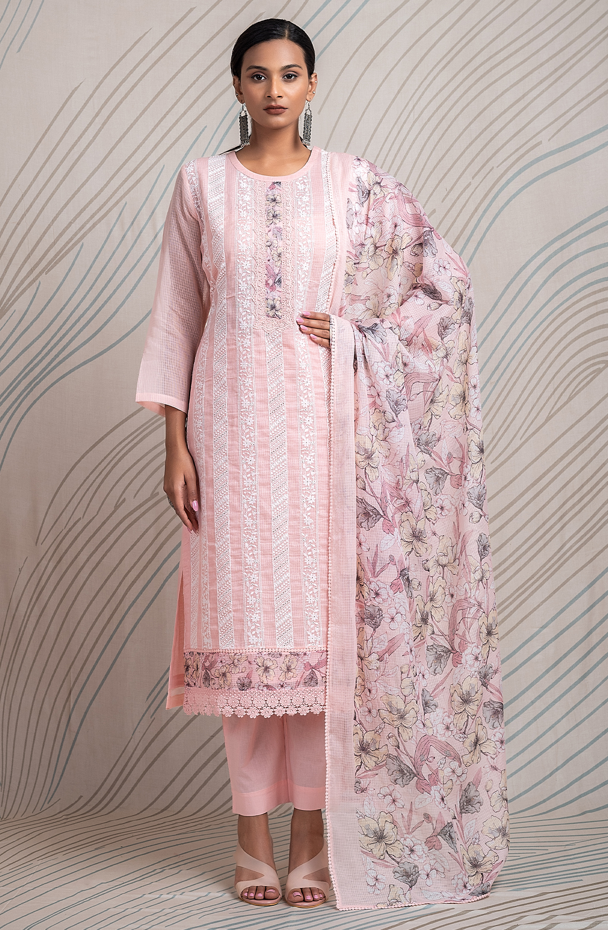 Pink Kota Beautiful Chikankari Embroidered Unstitched Suit with Lace Work - FIK2169A