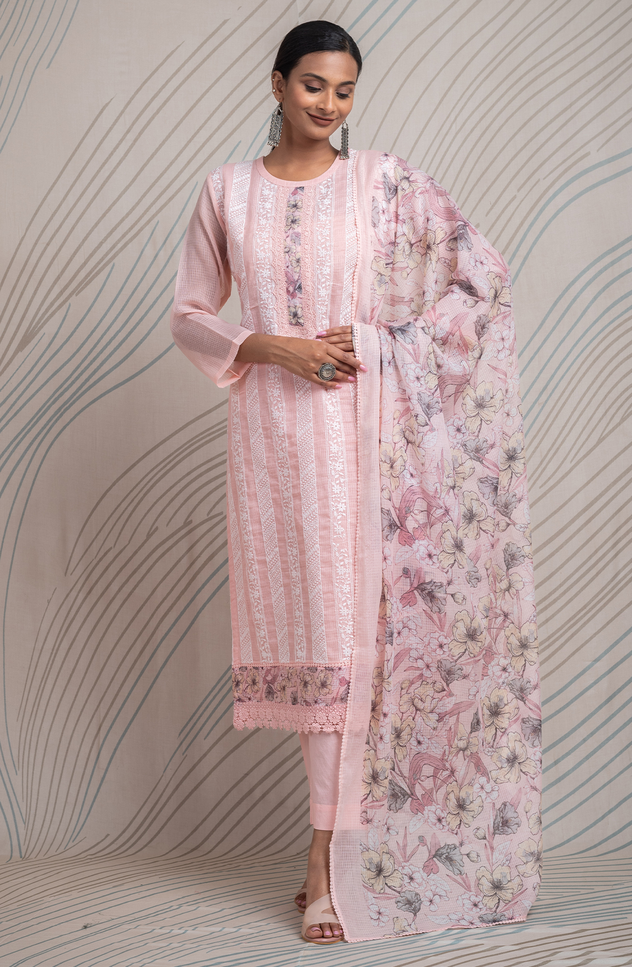 Pink Kota Beautiful Chikankari Embroidered Unstitched Suit with Lace Work - FIK2169A
