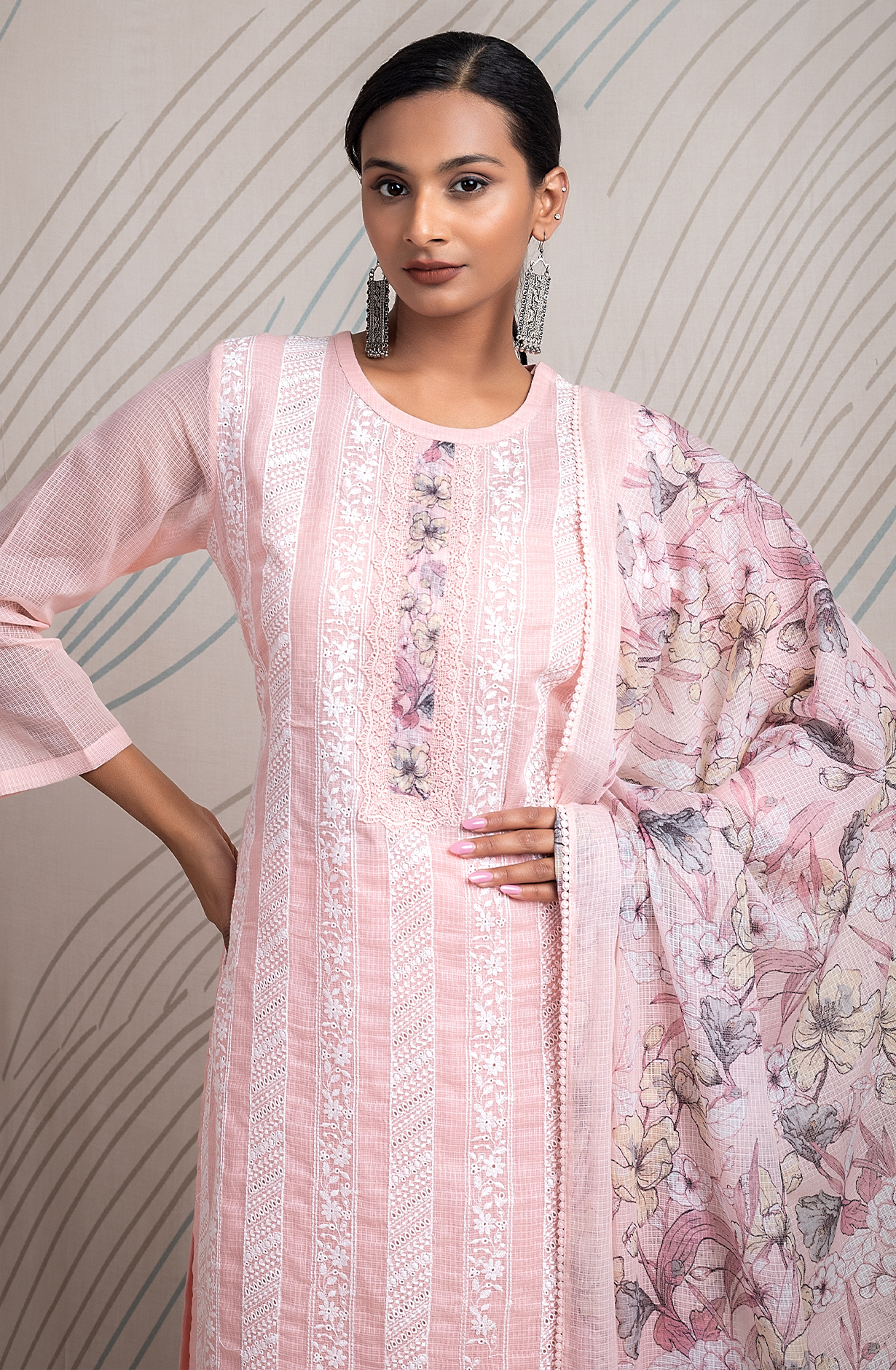 Pink Kota Beautiful Chikankari Embroidered Unstitched Suit with Lace Work - FIK2169A