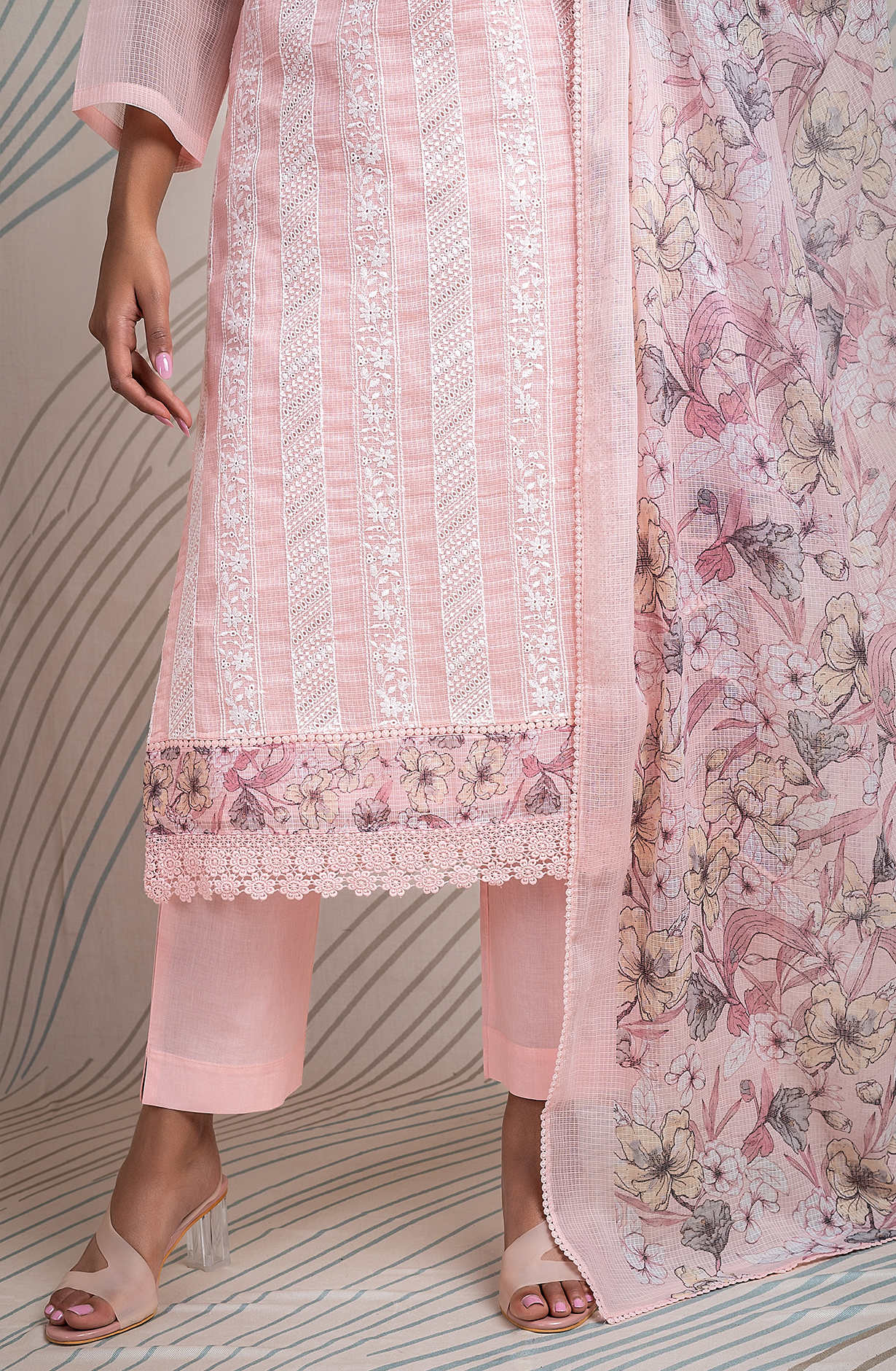Pink Kota Beautiful Chikankari Embroidered Unstitched Suit with Lace Work - FIK2169A