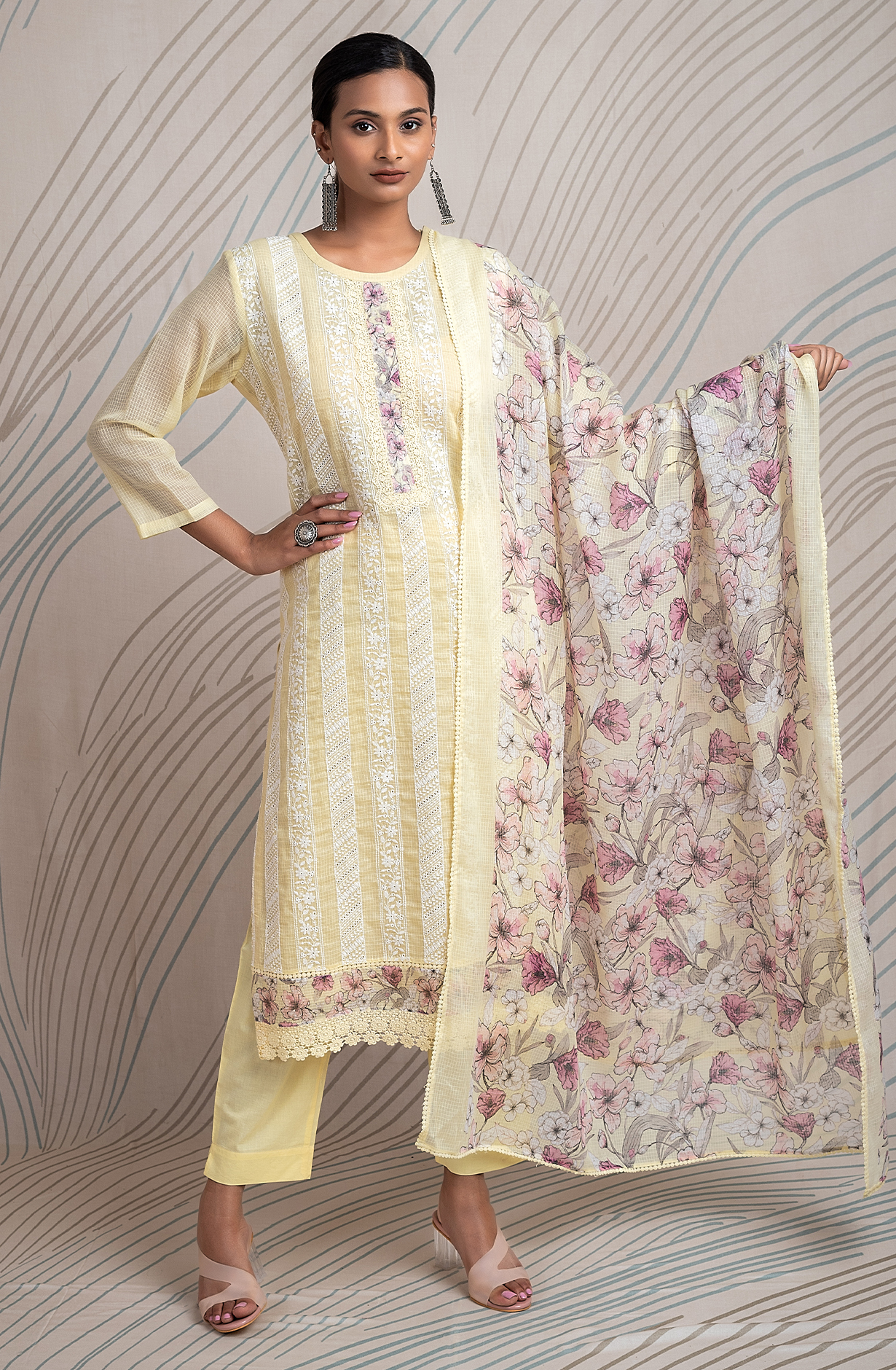 Yellow Kota Beautiful Chikankari Embroidered Unstitched Suit with Lace Work - FIK2169B