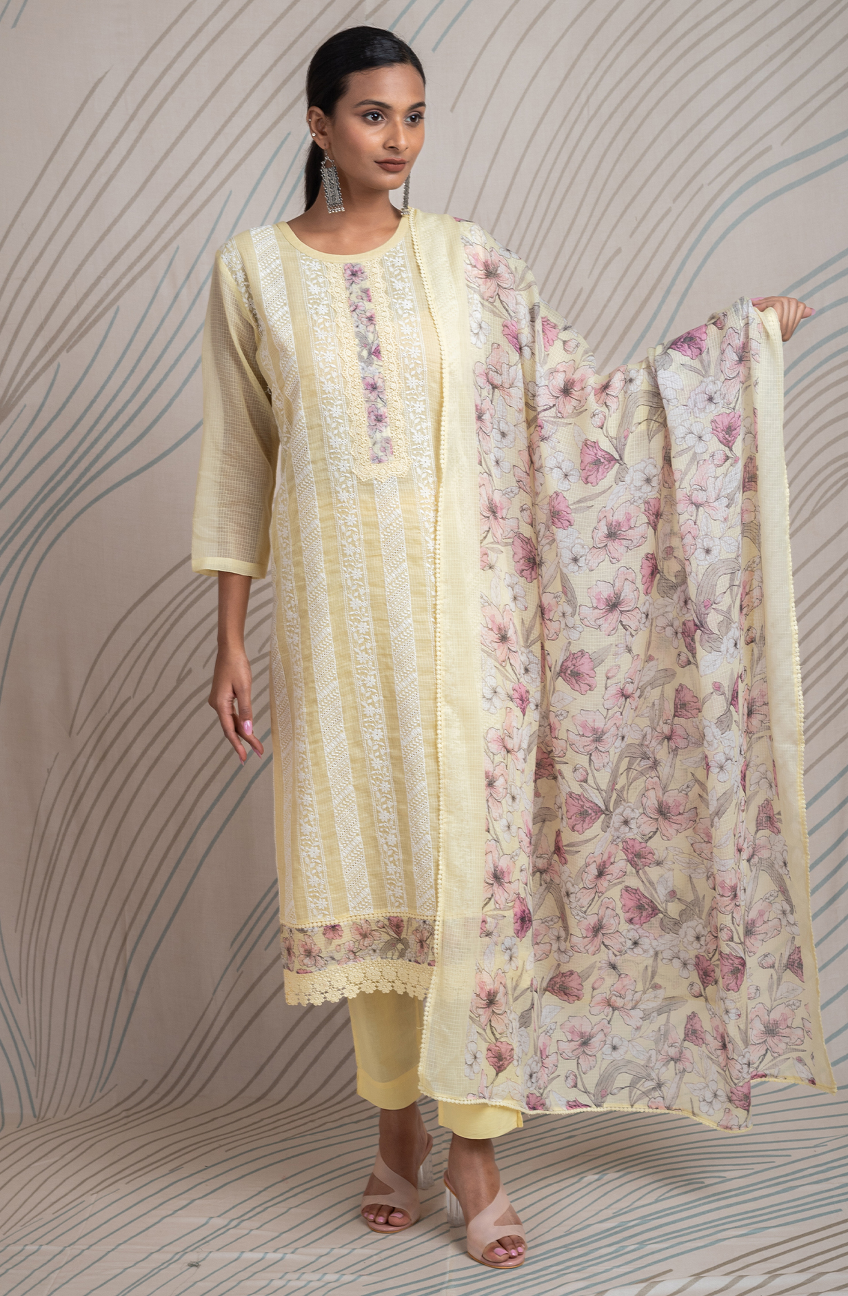 Yellow Kota Beautiful Chikankari Embroidered Unstitched Suit with Lace Work - FIK2169B