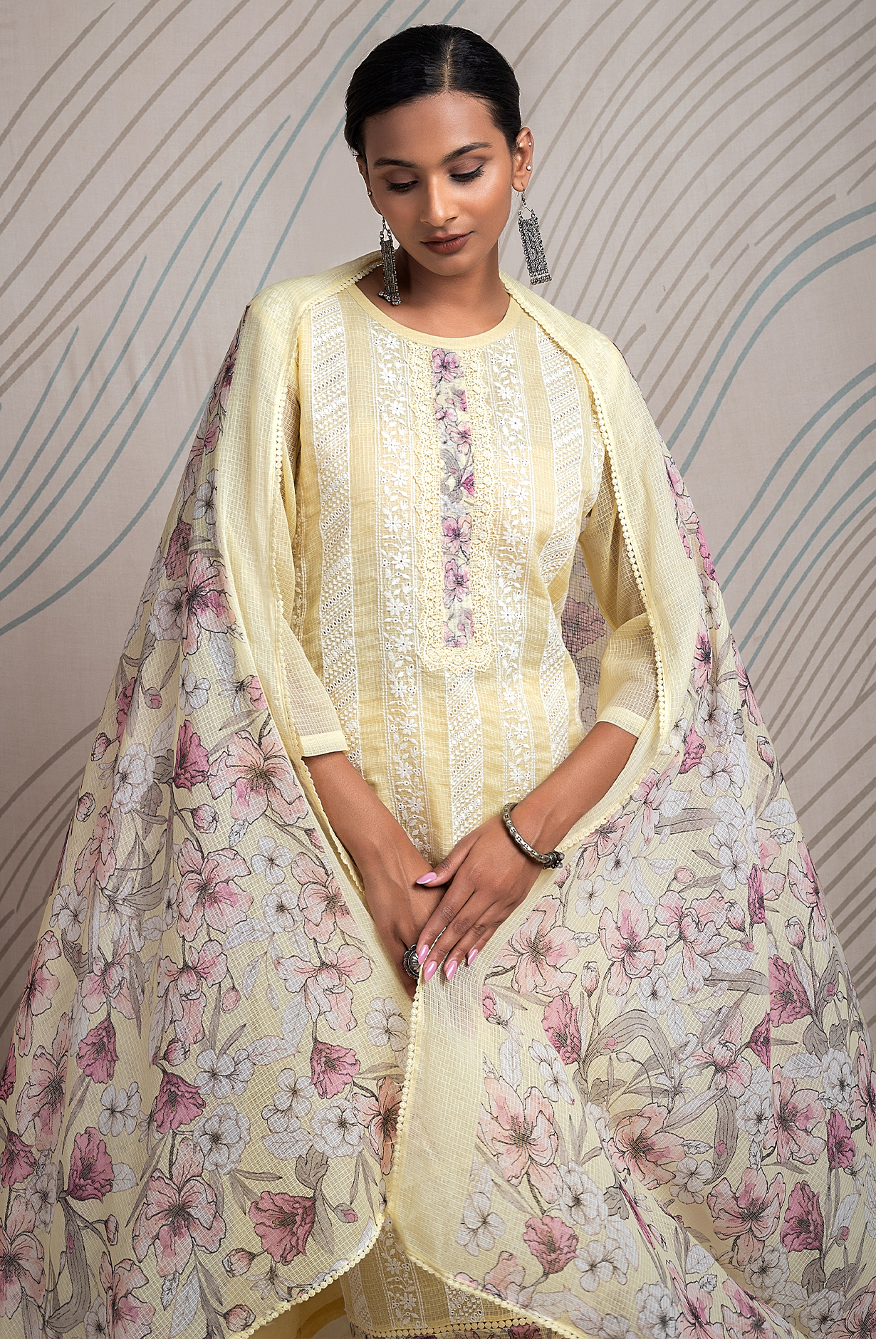 Yellow Kota Beautiful Chikankari Embroidered Unstitched Suit with Lace Work - FIK2169B