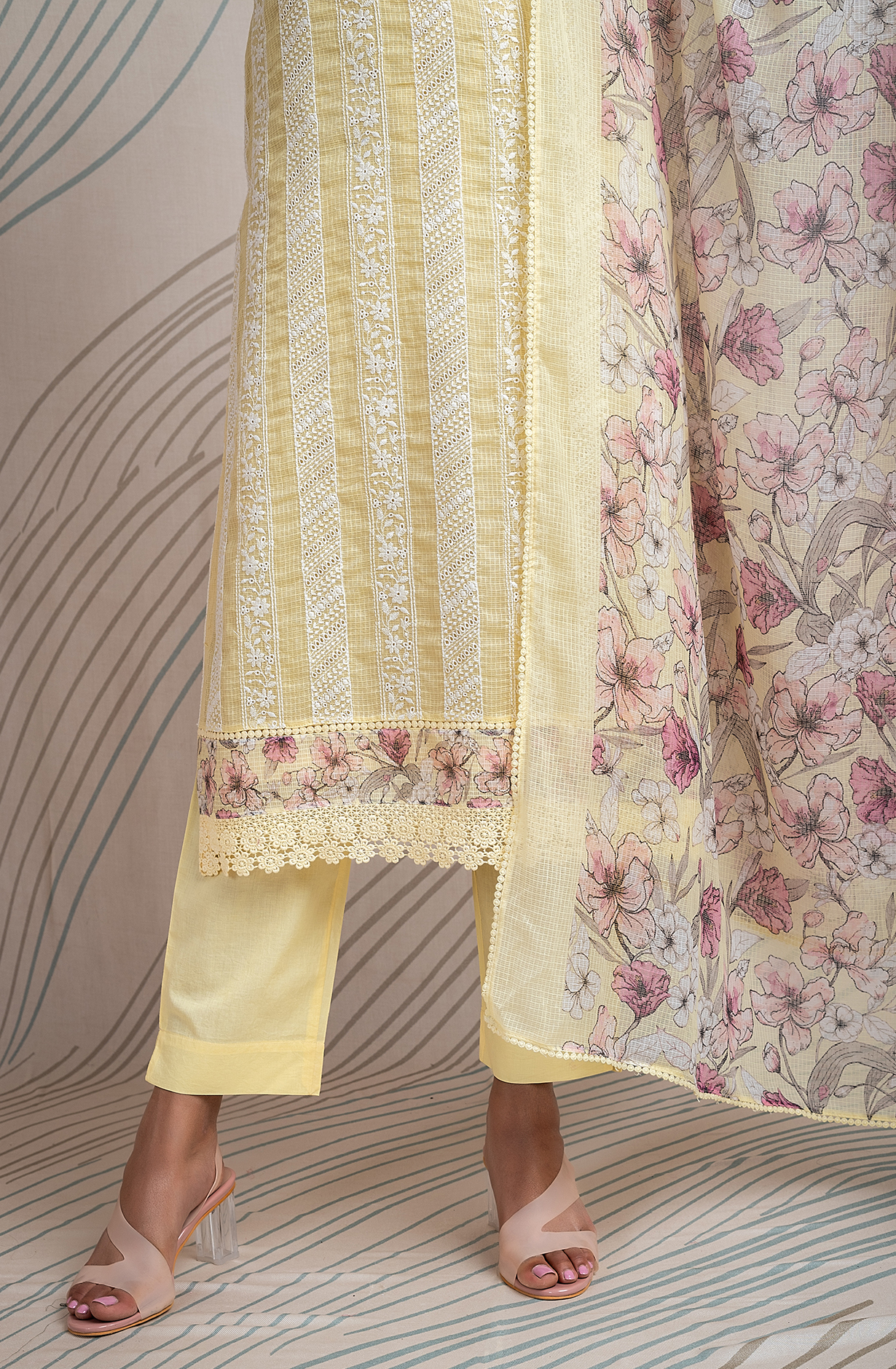 Yellow Kota Beautiful Chikankari Embroidered Unstitched Suit with Lace Work - FIK2169B