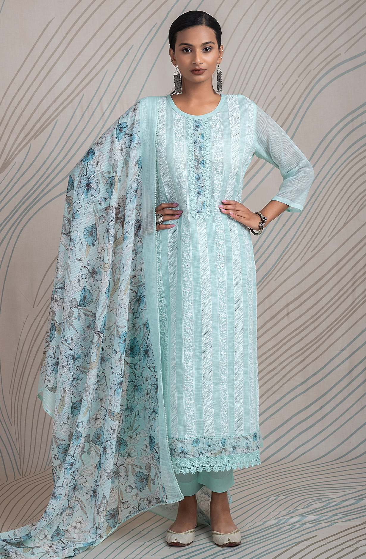Turquoise Kota Beautiful Chikankari Embroidered Unstitched Suit with Lace Work - FIK2169C