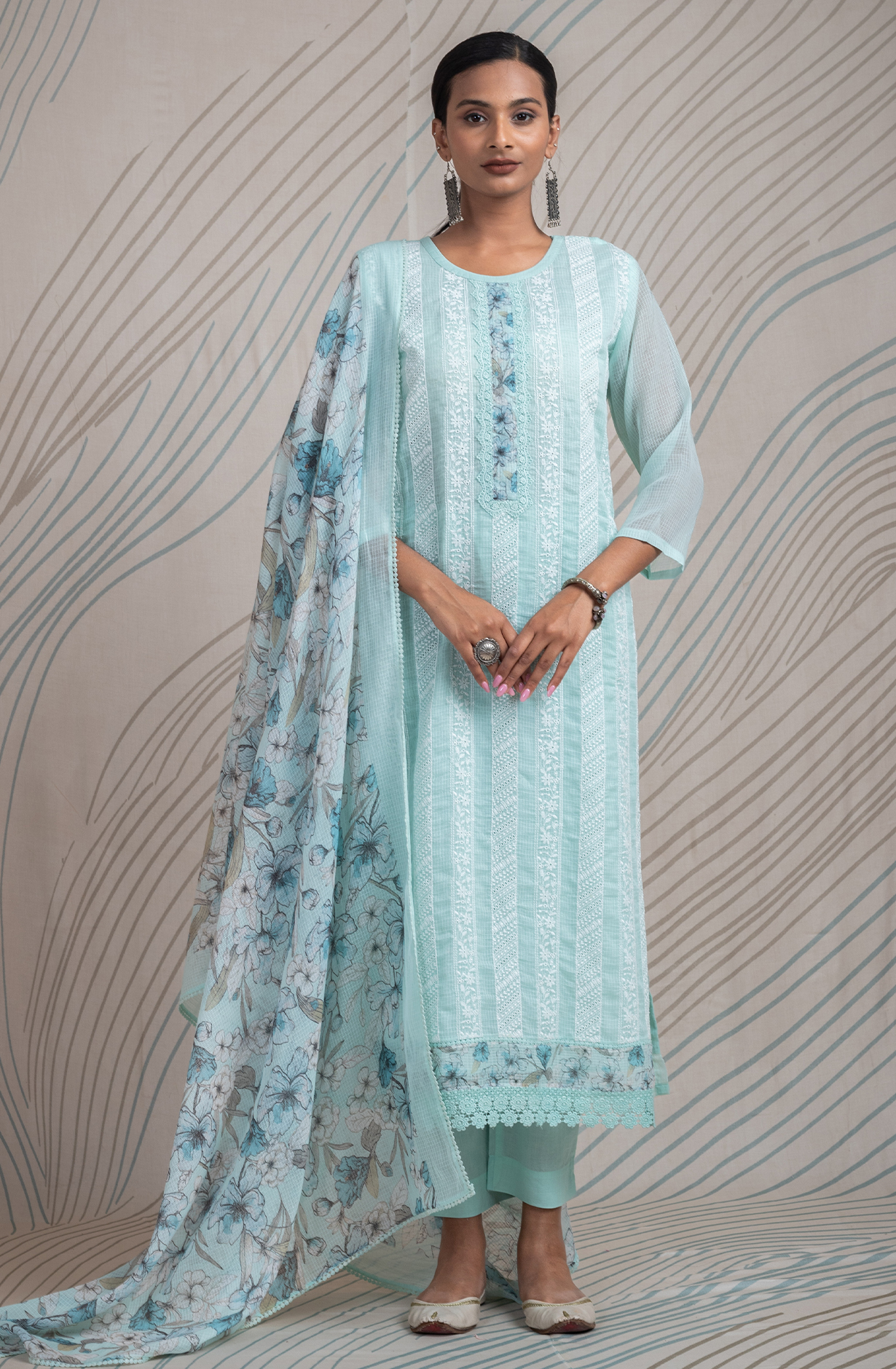 Turquoise Kota Beautiful Chikankari Embroidered Unstitched Suit with Lace Work - FIK2169C