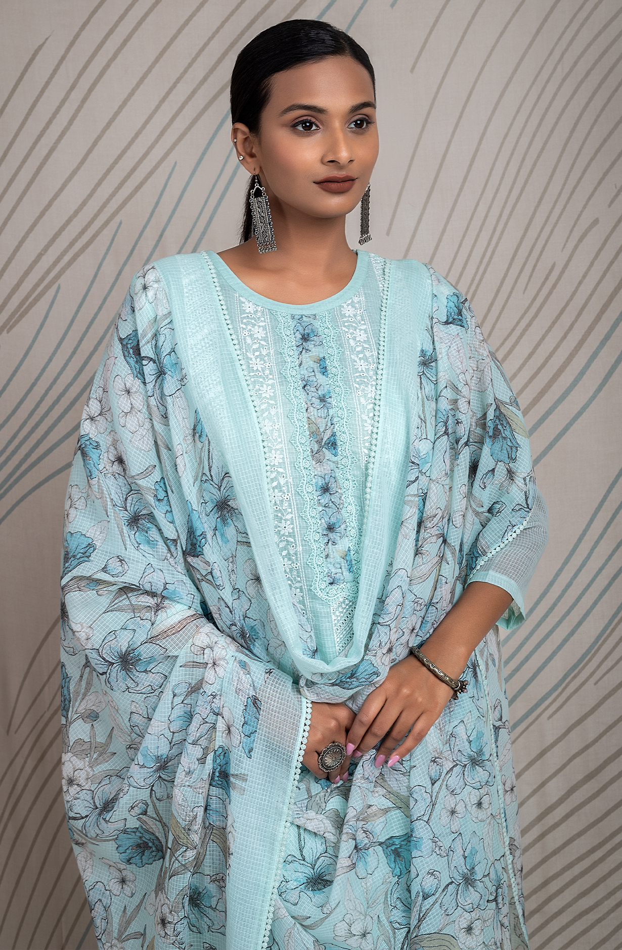 Turquoise Kota Beautiful Chikankari Embroidered Unstitched Suit with Lace Work - FIK2169C