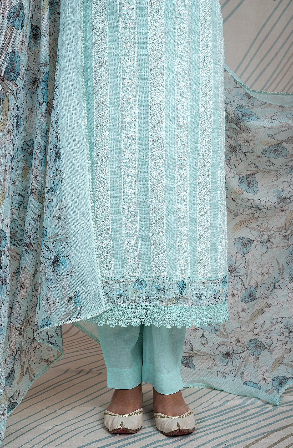 Turquoise Kota Beautiful Chikankari Embroidered Unstitched Suit with Lace Work - FIK2169C