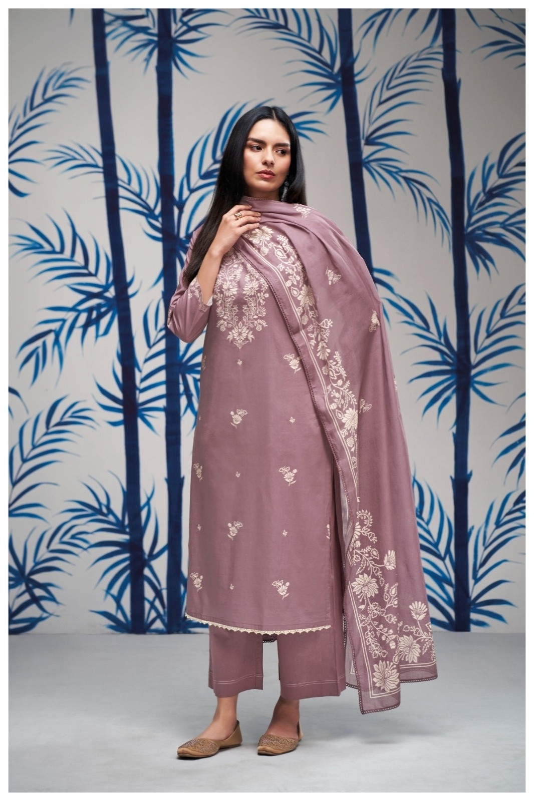 Mauve Printed Cotton Unstitched Suit Set with Dupatta - HIRS4642A