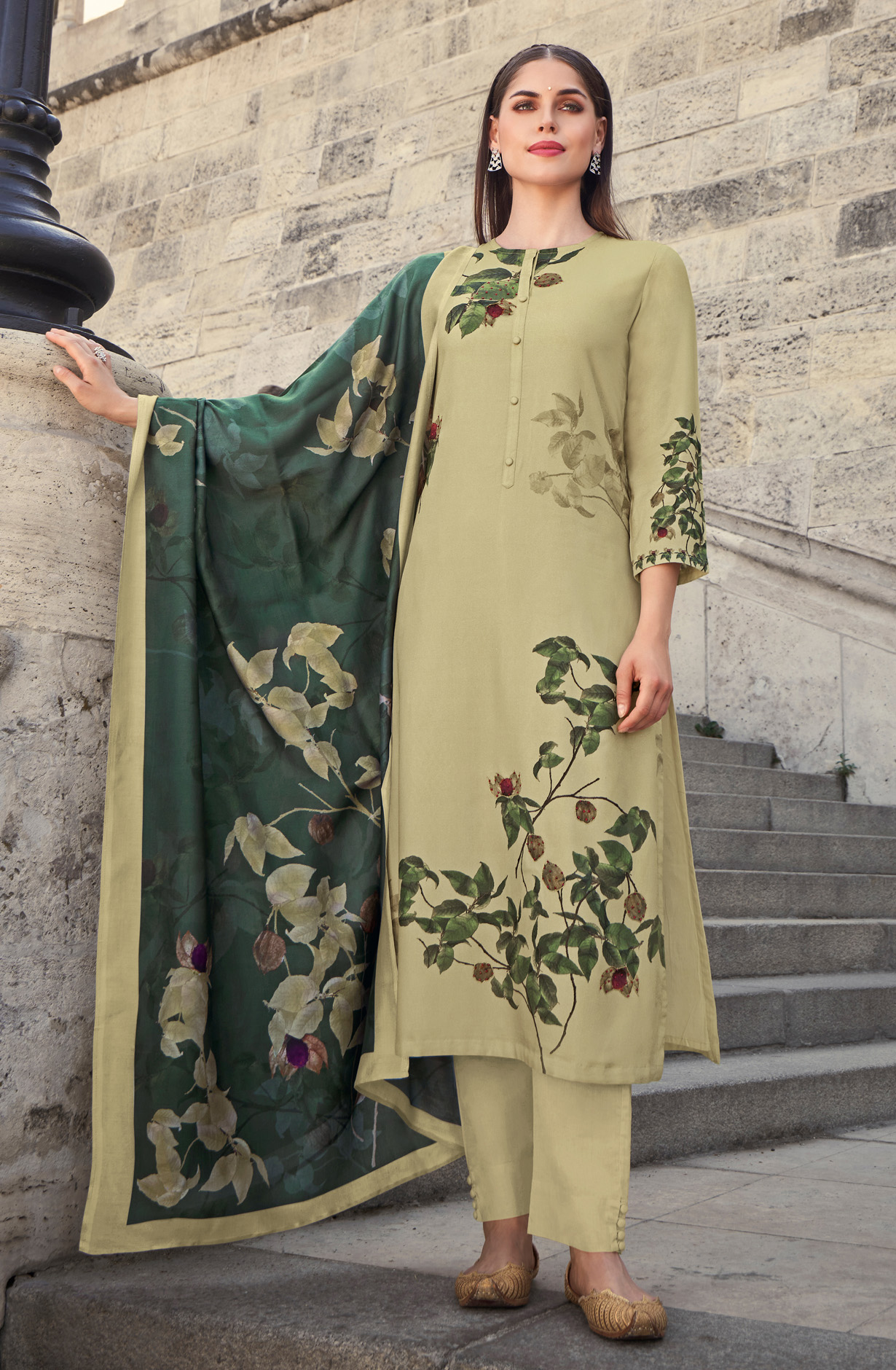 Pista Green Spun Digital Printed Winter Wear Salwar Kameez - FIT4526