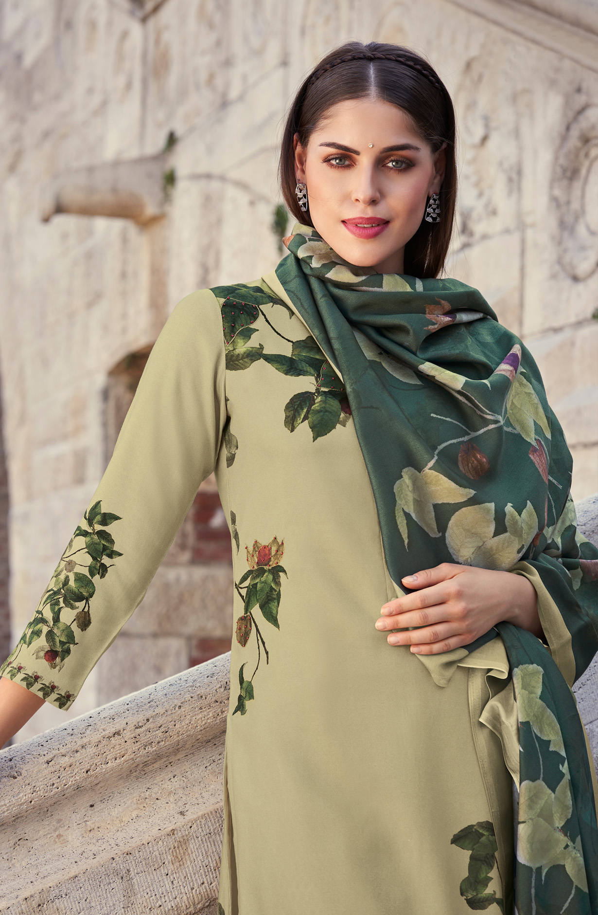 Pista Green Spun Digital Printed Winter Wear Salwar Kameez - FIT4526
