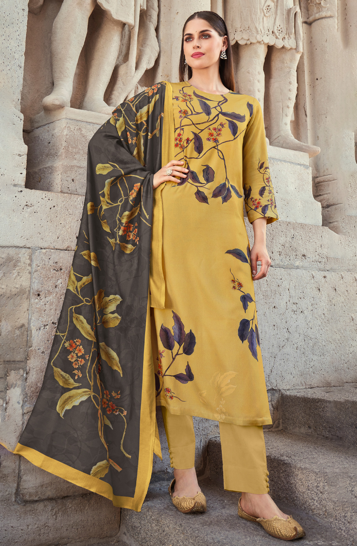 Mustard Spun Digital Printed Winter Wear Salwar Kameez - FIT4585