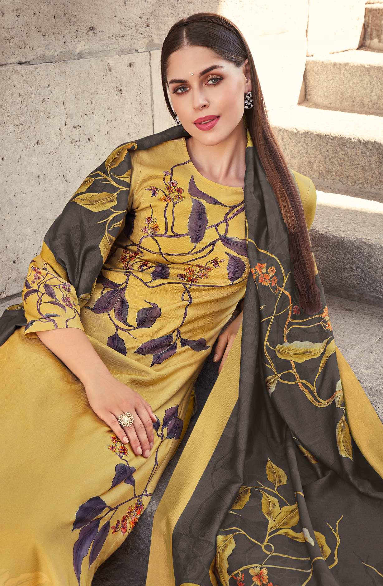 Mustard Spun Digital Printed Winter Wear Salwar Kameez - FIT4585
