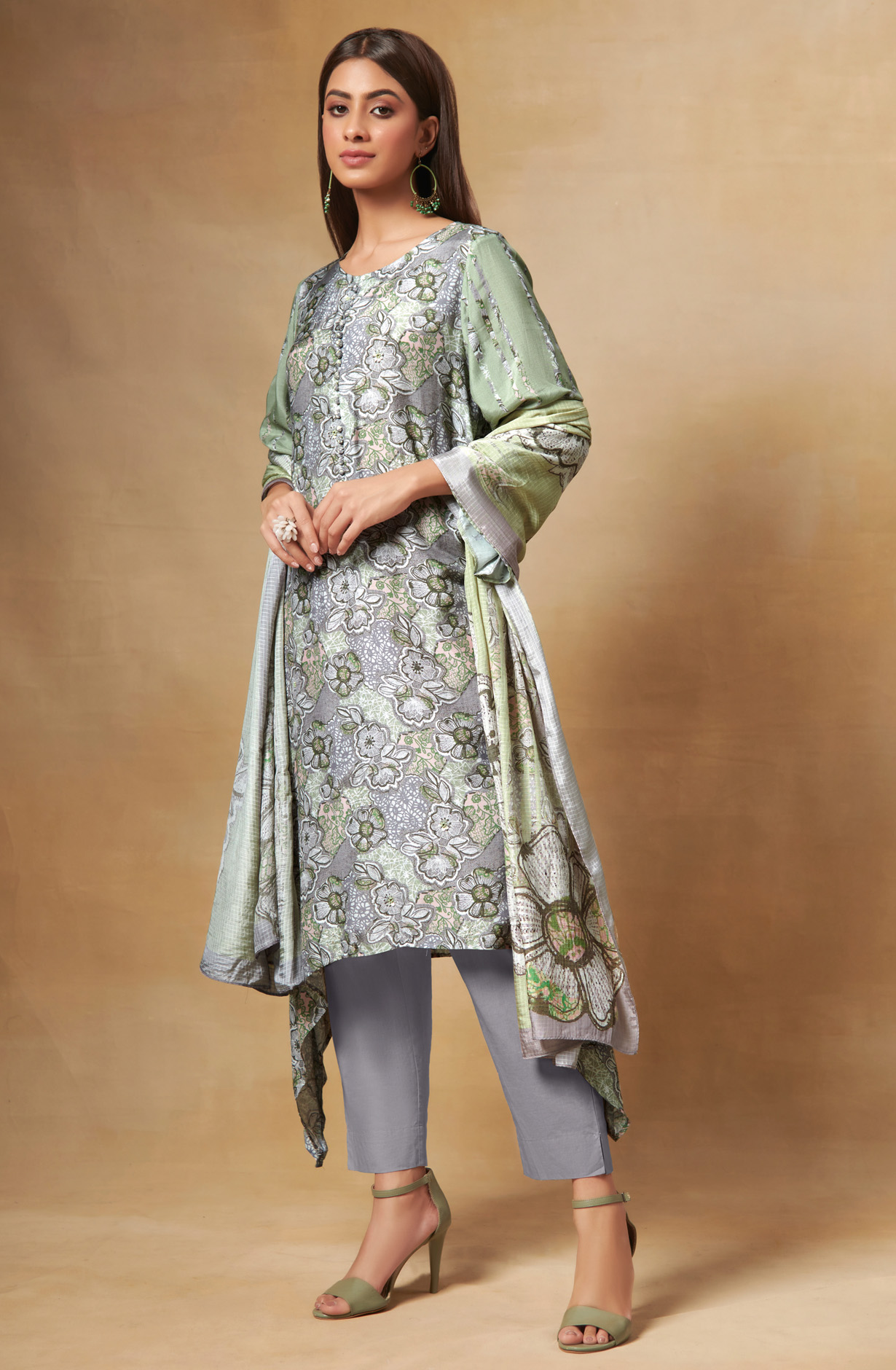 Multi-coloured Beautiful Muslin Salwar Kameez - FLA565B