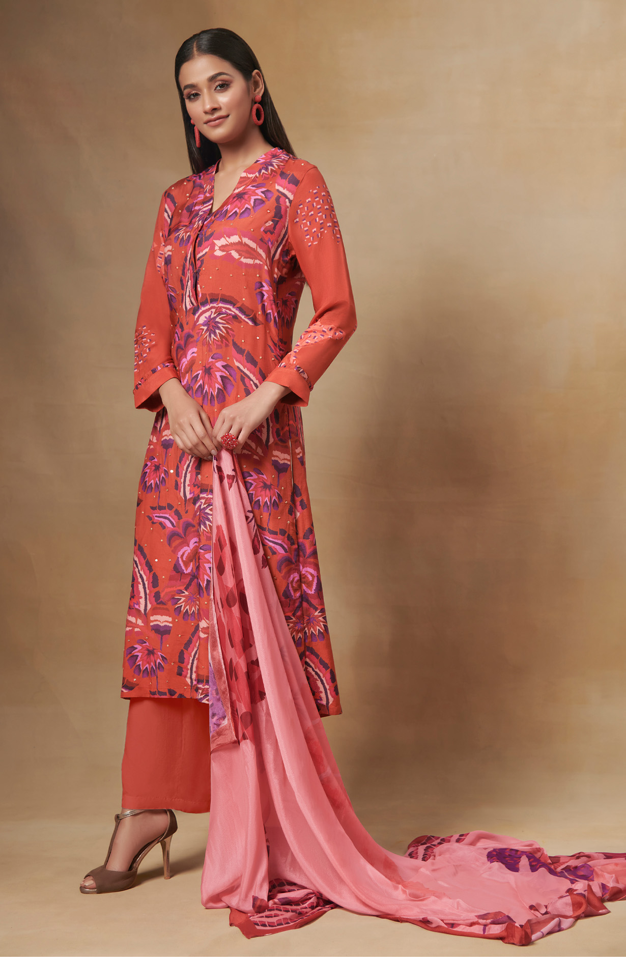 Multi and Rust Beautiful Muslin Salwar Kameez - FLA575A