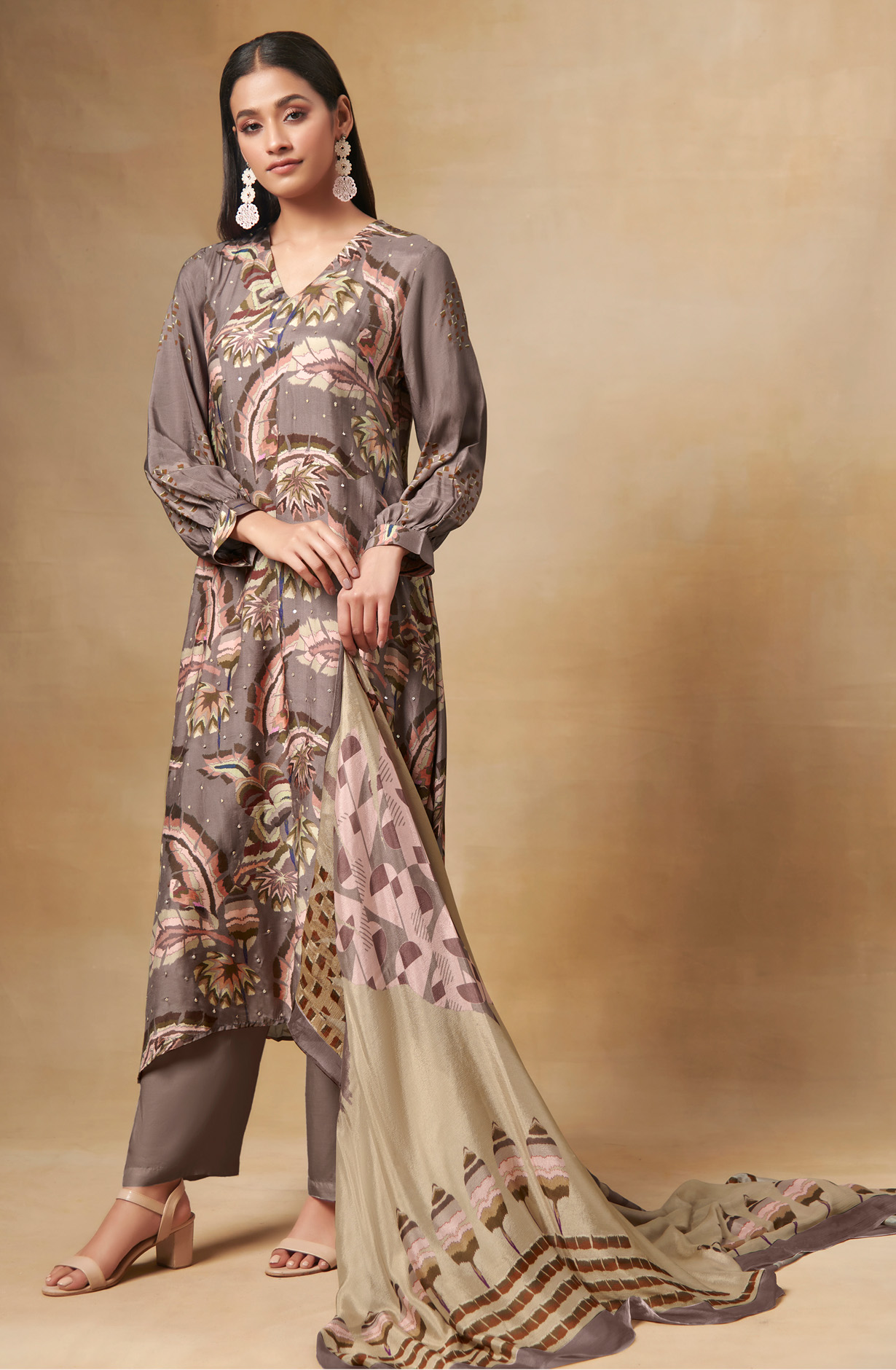 Multi and Brown Beautiful Muslin Salwar Kameez - FLA575B