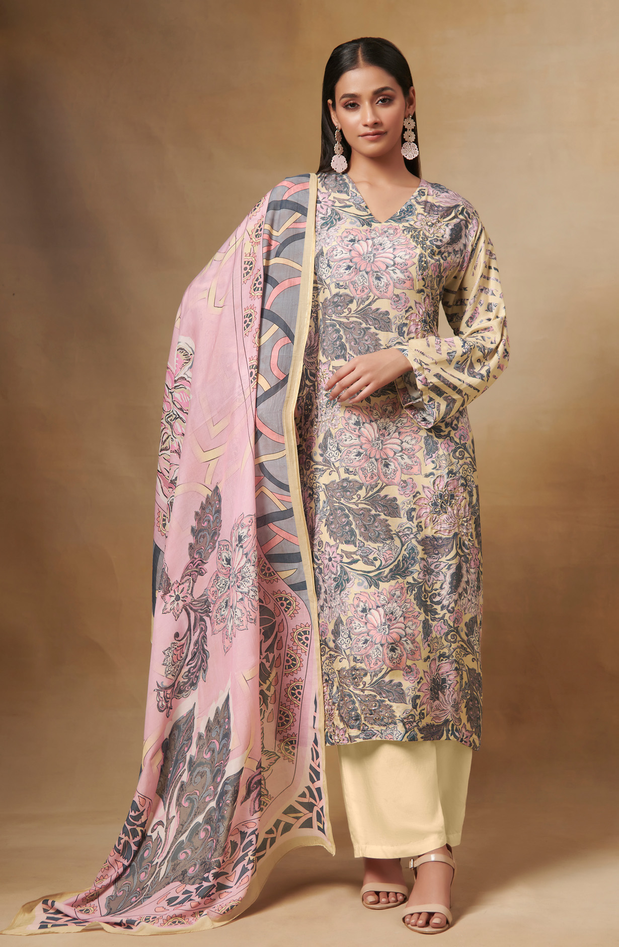 Multi and Beige Beautiful Muslin Salwar Kameez - FLA580A